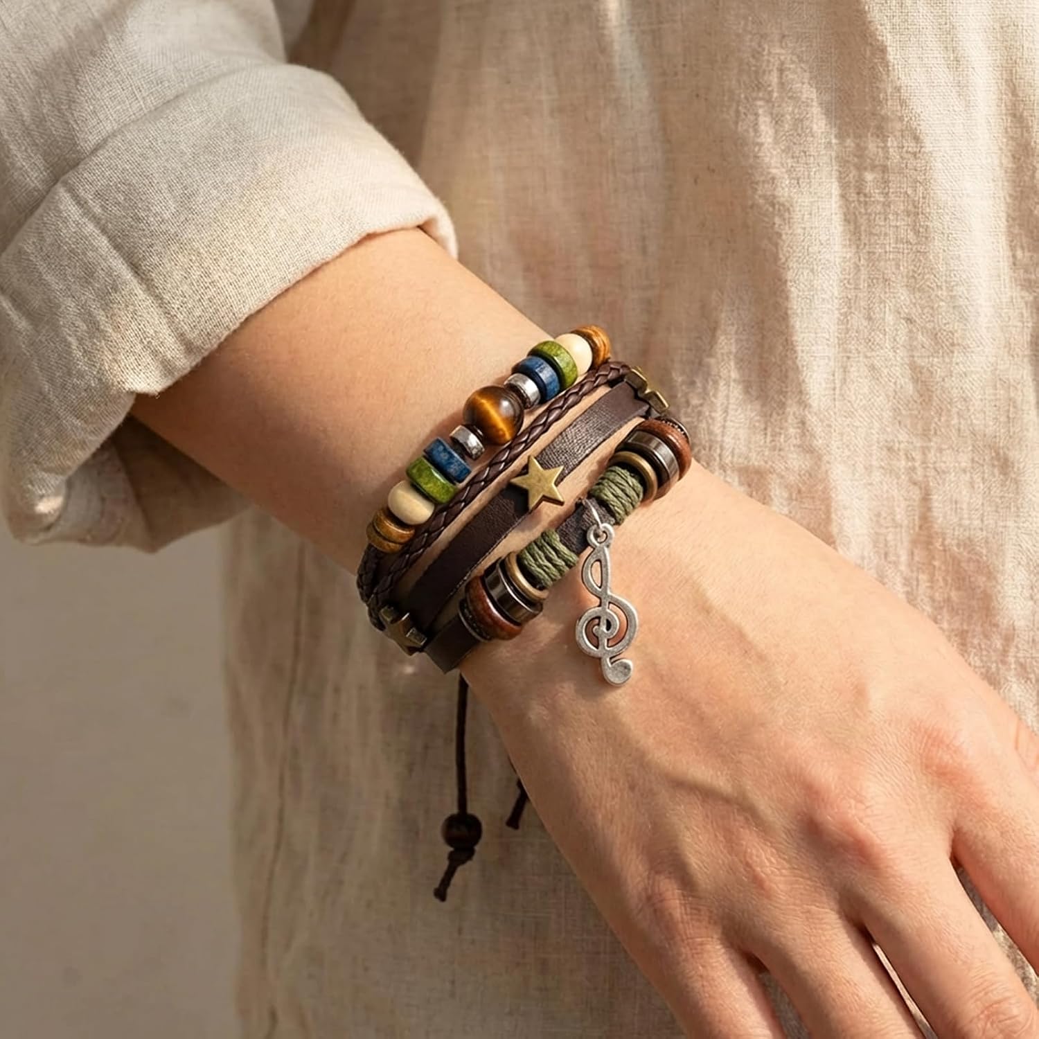 Music Note Bracelet, Grunge Bracelets & Hippie Jewelry for Women Men, Boho Leather Wristband, Bohemian Music Charm Accessory, Fairycore Aesthetic Y2K Gift
