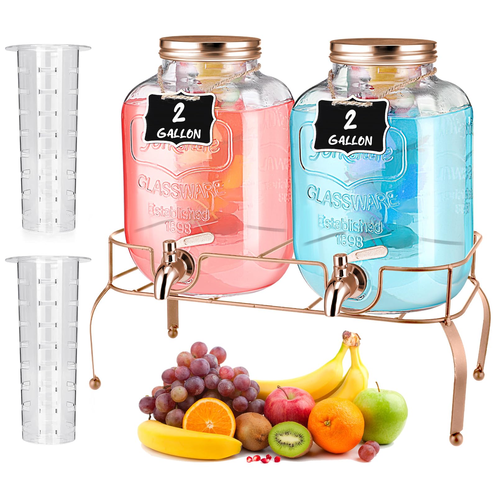 Lallisa 2 Pcs 2 Gallon Glass Drink Dispenser with Stand Ice Cylinder Hanging Chalkboard Signs 18/8 Stainless Steel Spigot Beverage Dispensers for Parties Mason Jar Drink Lemonade (Rose Gold)