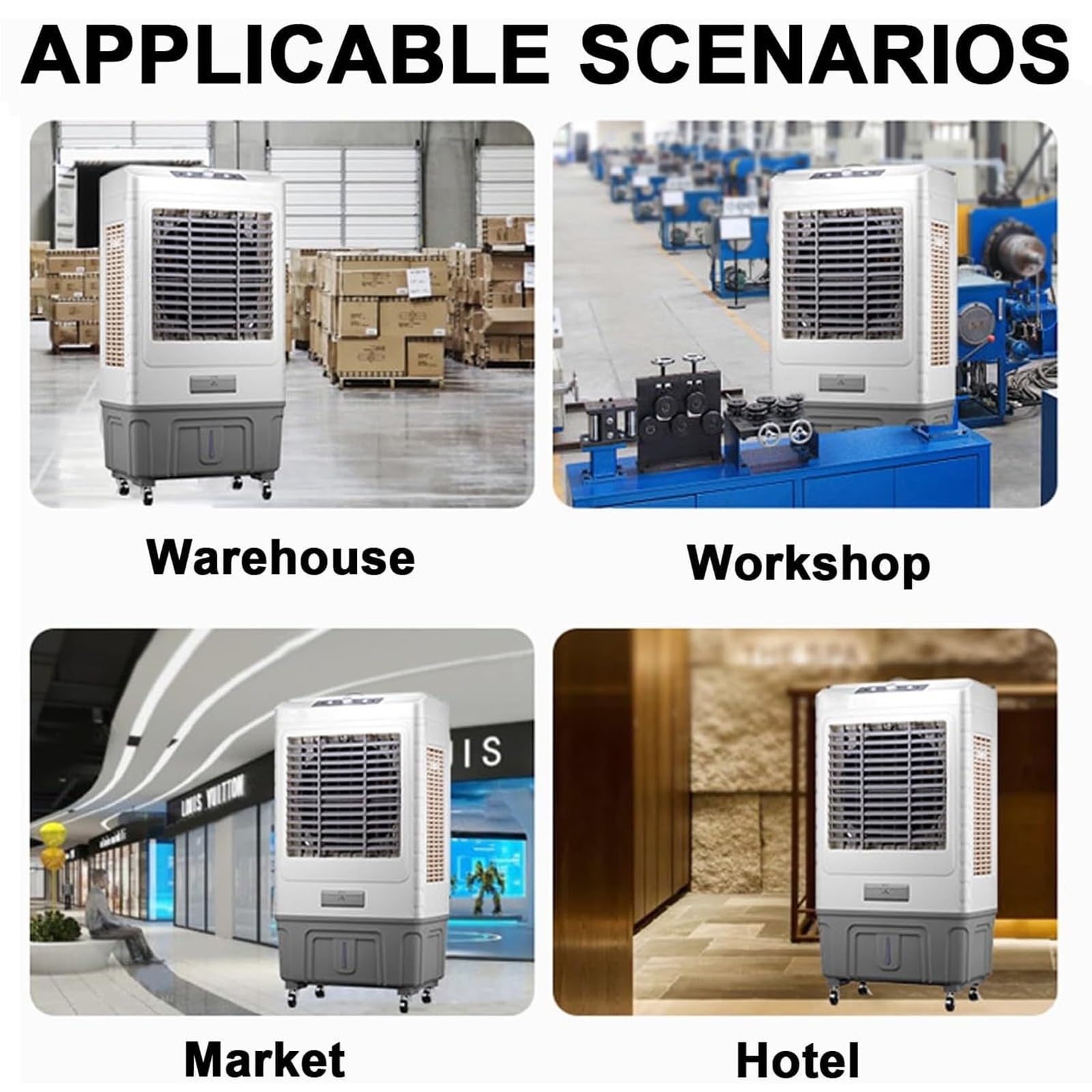 Raffrescatore Evaporativo Industriale con 4 Ruote Universali, Oscillazione a 120°, 3 Velocità, per Casa, Garage e Terrazze All'aperto(50x37x85cm)