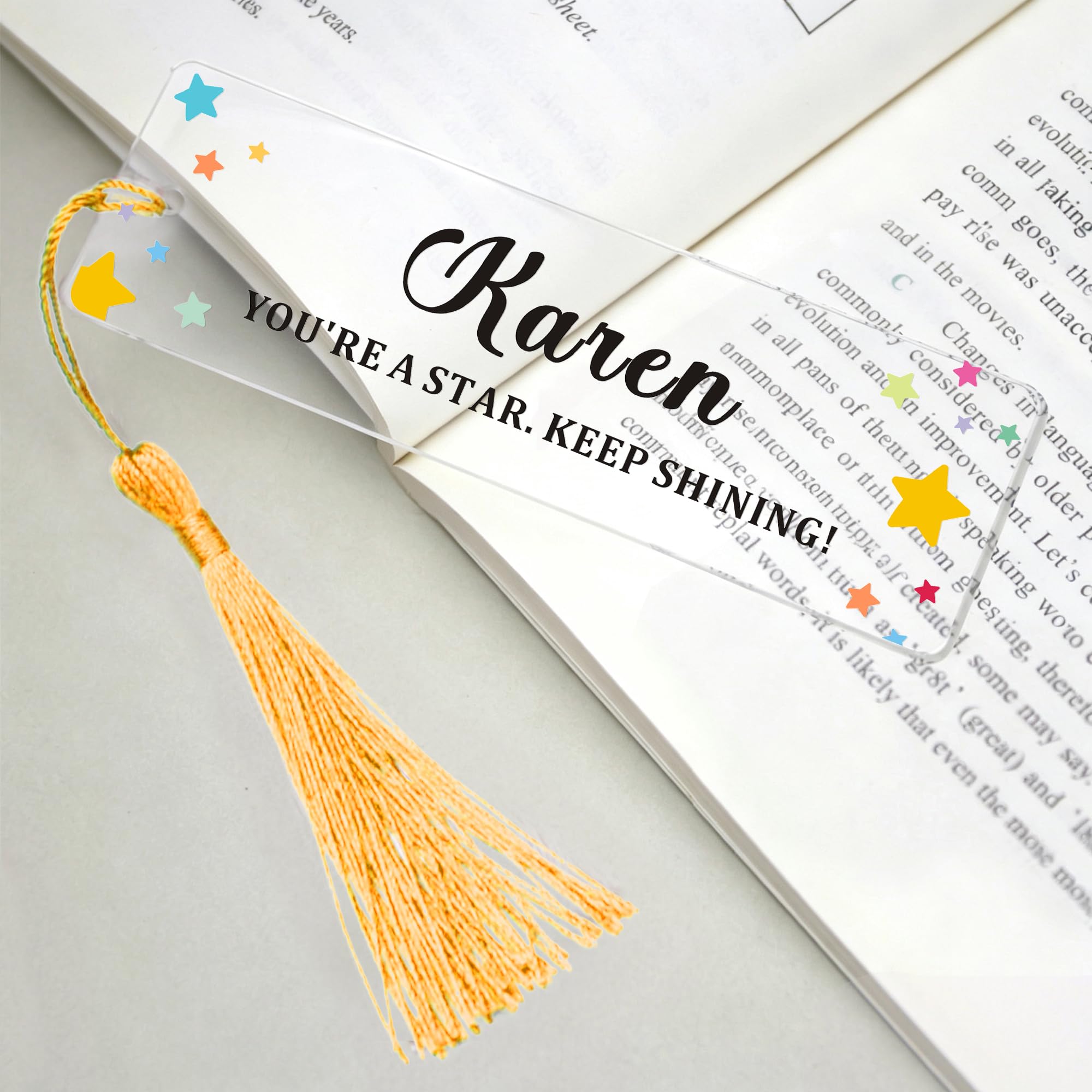 EDSG Personalised Bookmark Acrylic Bookmarks with Tassels, Custom Book Mark with Any Text, Bookmarks for Women Men, Book Lover Gifts for Teacher Student Bookworms Birthday Christmas (Gold) — image 1