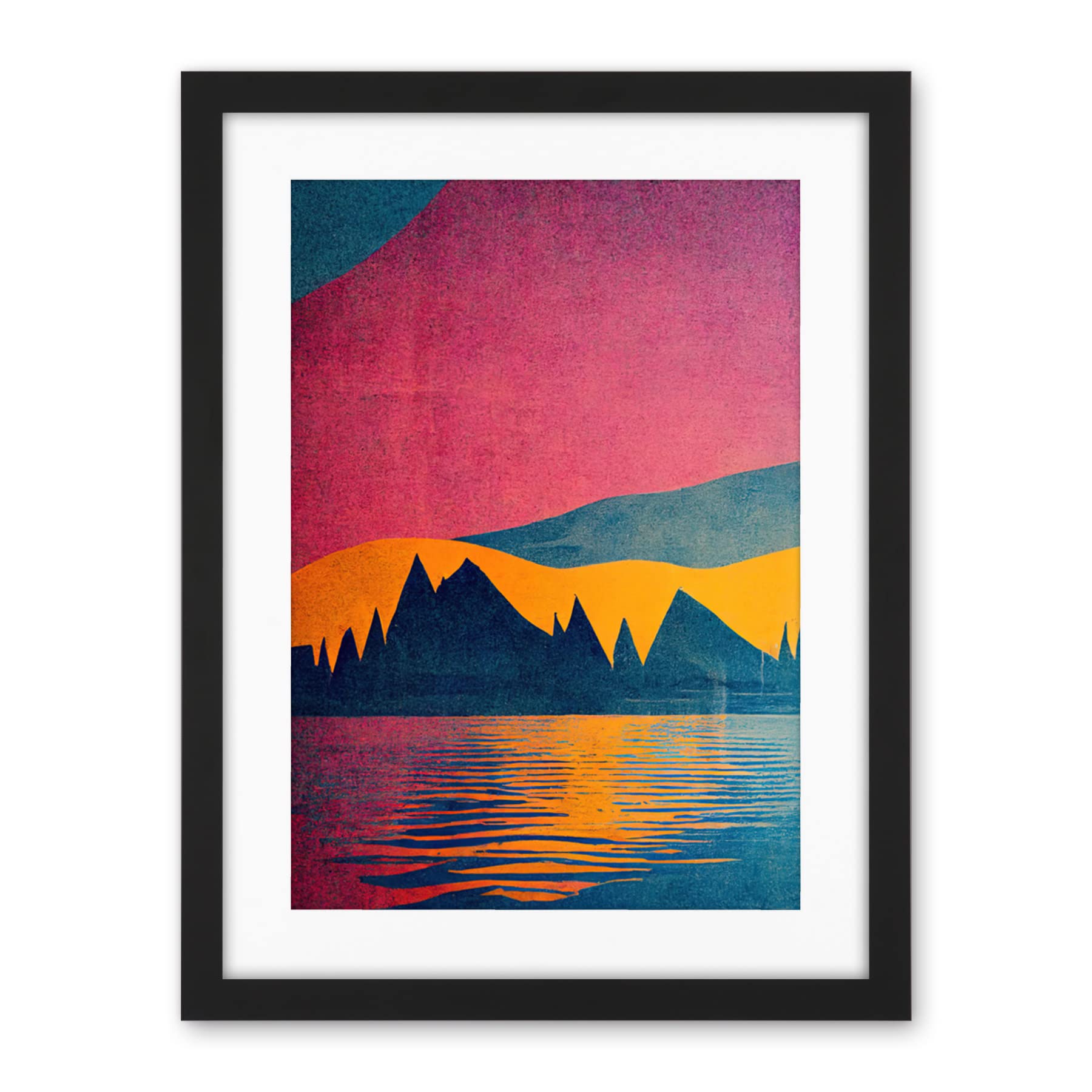Wee Blue Coo Sunset At Lakeside Modern Colourful Pop Art Design Artwork Framed Wall Art Print 18X24 Inch