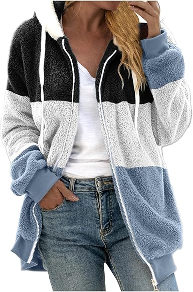 Fuzzy Fleece Jackets for Women Plus Size Hoodies Fall Winter Coats Color Block Patchwork Cardigan Coat with Pockets