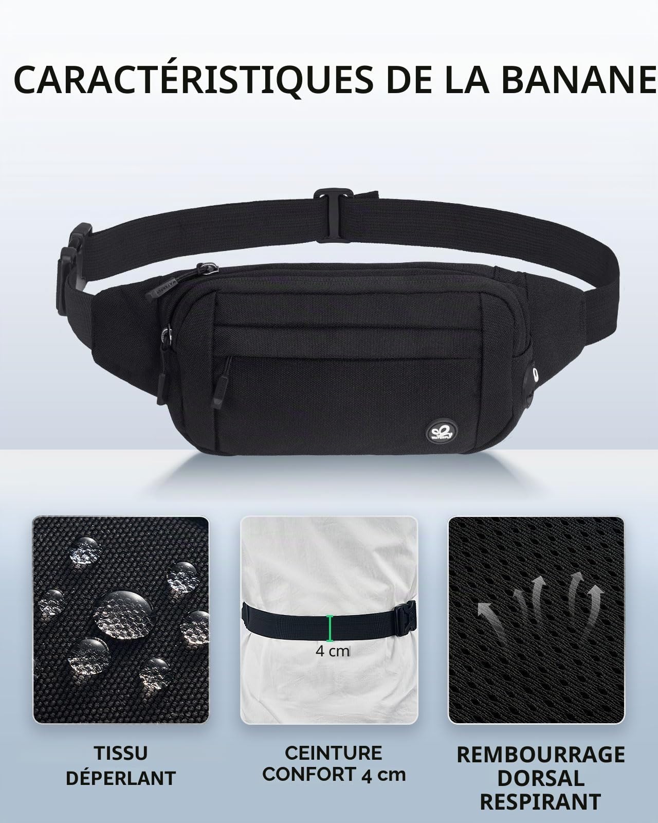Waterfly Sac Banane Homme Femme: Étanche Unisexe Petite Sacoche Banane de Sport Ceinture allongée pour Randonnée Cyclisme Balade Ville Vacances Noir Foncé
