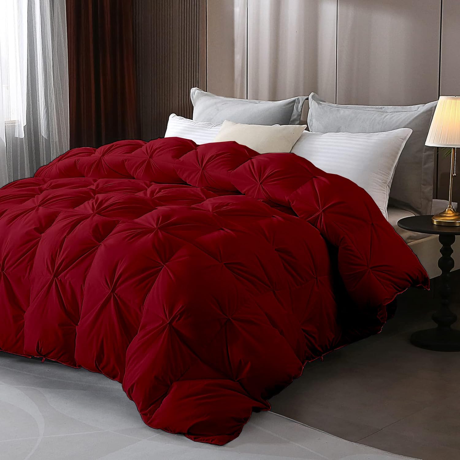 Oversized Cal-King Comforter Set Burgundy - 3 Pieces Pinch Pleat 100% Egyptian Cotton Cover, with 8 Corner Tie Comforter & 2 Pillow cases Ultra Soft & Lightweight Duvet Insert