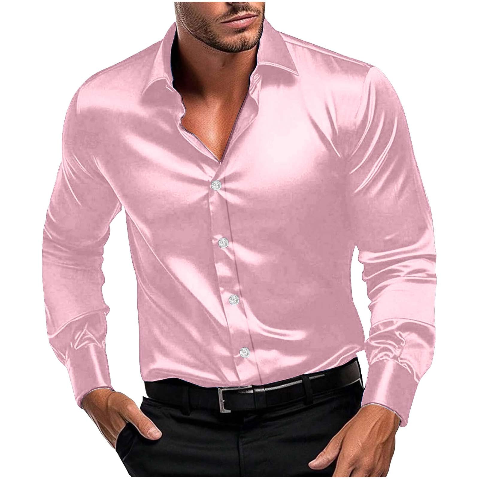 Men Long Sleeve Satin Dress Shirt Shiny Embroidery Silk Like Button Down Casual Luxury Prom Wedding Party Disco Solid