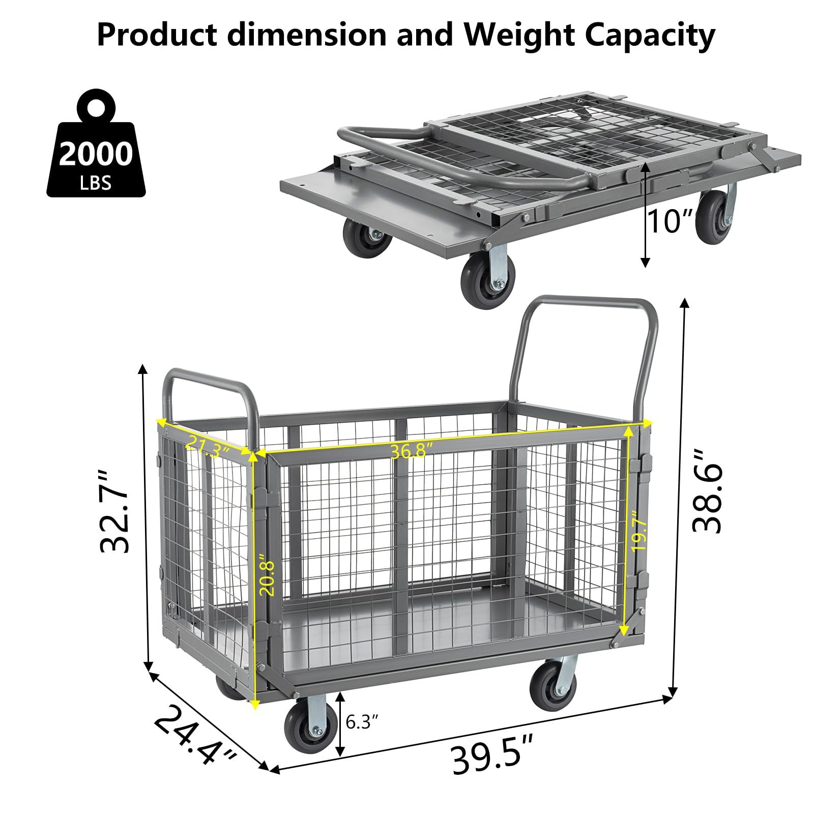 SmarketBuy Platform Truck Cart with Cage, 5 in 1 Heavy Duty Platform Cart with Cage 2000 LBS Capacity Foldable Push Cart Dolly with 5