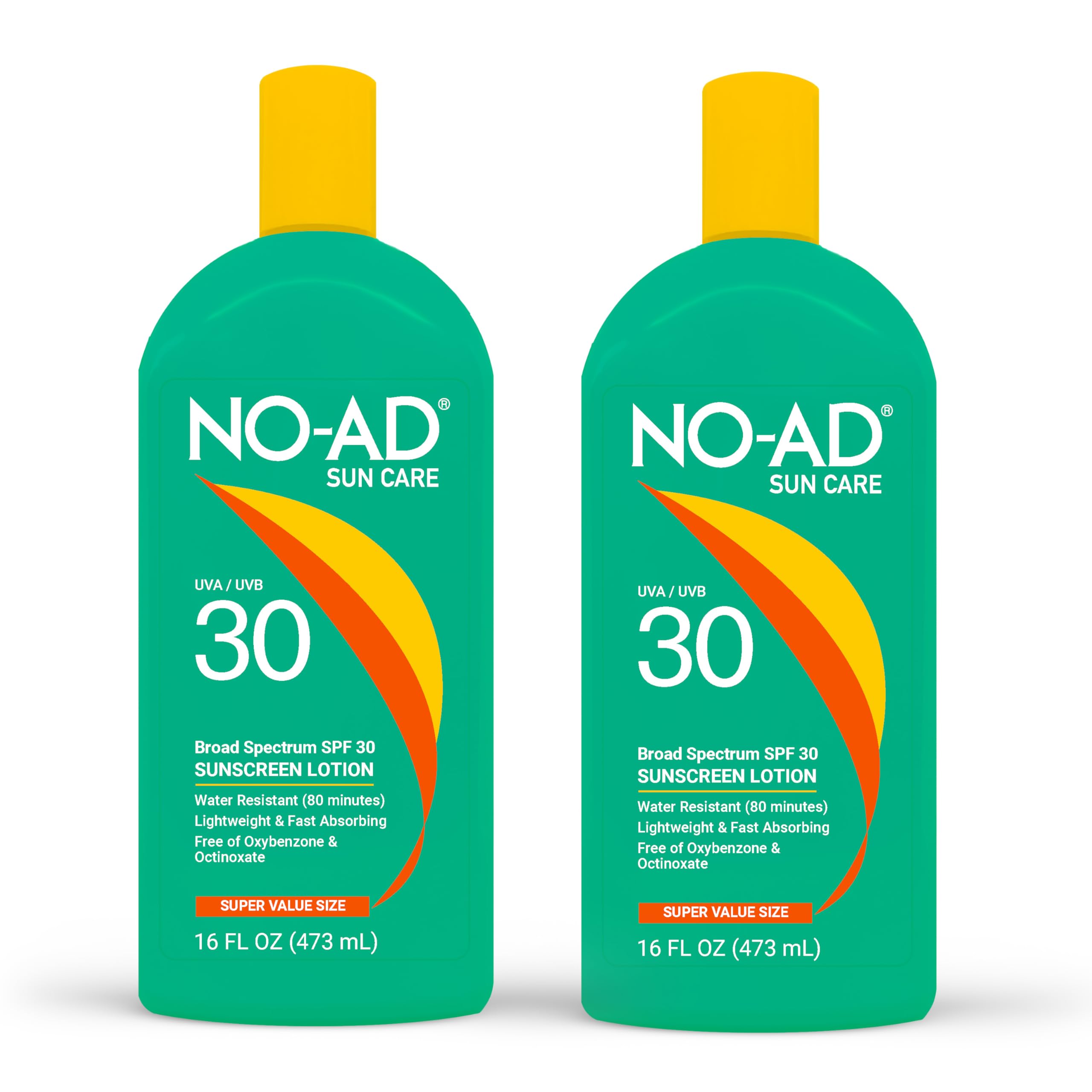 NO-AD SPF 30 Sunscreen Lotion | Broad Spectrum UVA/UVB Protection | Water Resistant | Octinoxate & Oxybenzone Free with moisturizing Vitamin E and Aloe 16oz | Pack of 2