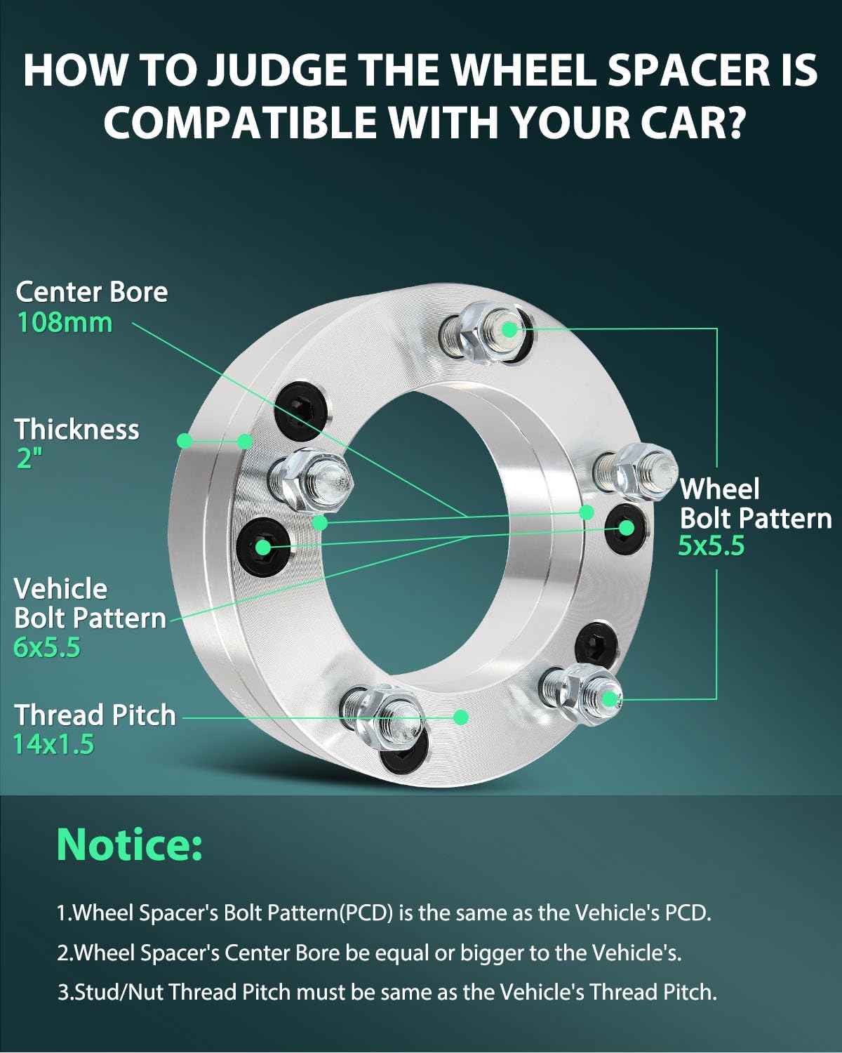 SCITOO 4Pcs Wheel Adapters 2" 6x5.5 to 5x5.5 Bore 108mm Studs 14x1.5 6 Lug Wheel Spacers Adapters Fit for for Chevrolet Tahoe for Chevrolet Avalanche for Chevrolet Blazer for Chevrolet