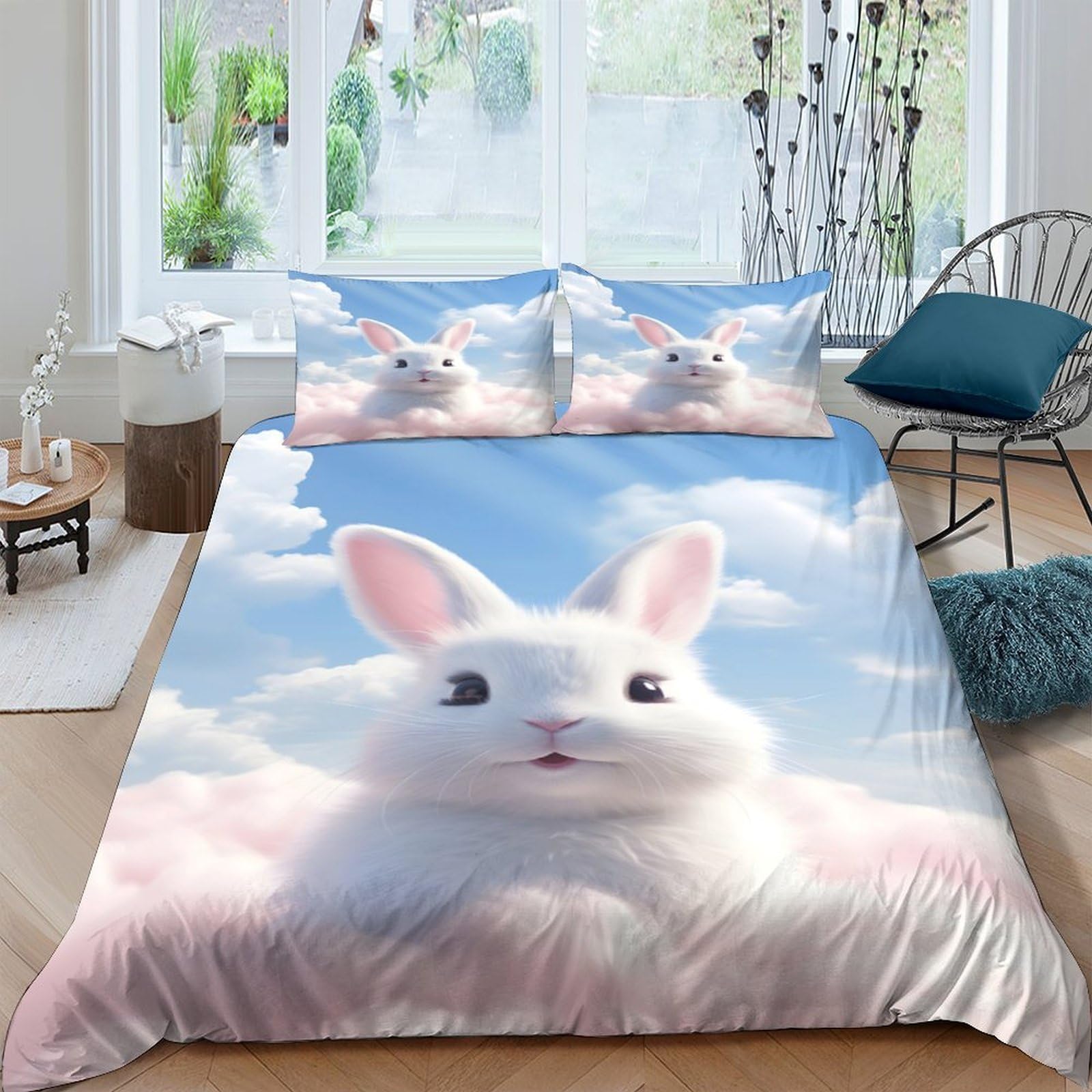 Ctjqhvkz Style-1 3D Printed White Bunny Fitted Sheet Microfiber Soft Pastel Clouds Bed Cover For Bedroom Dorm Mattress Protection Decor Single（135X200cm）