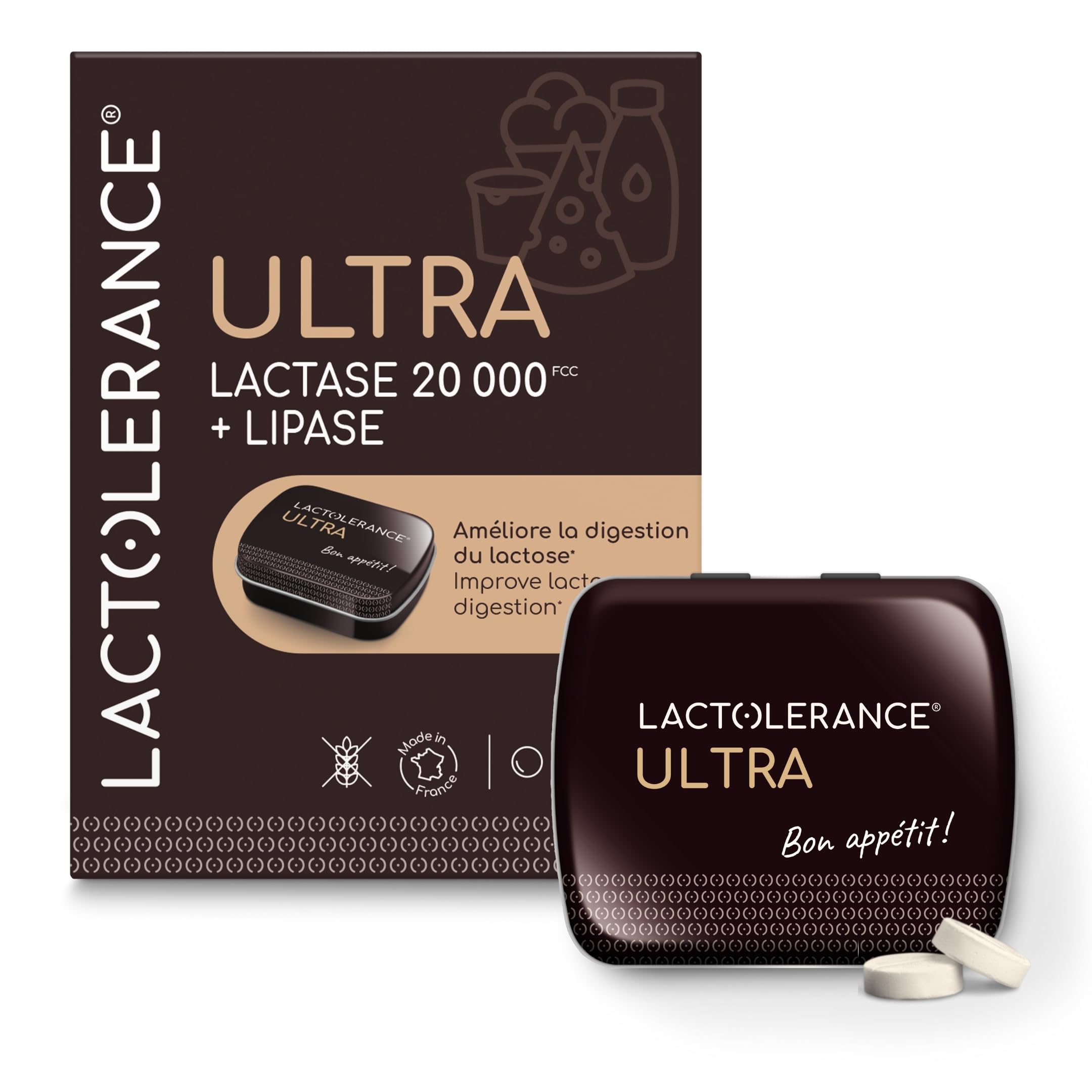 LACTOLERANCE ULTRA Lactase 20 000 FCC, Lipase 500 UI, Pilulier 36 Comprimés | Double action lactose et graisses, effet immédiat, enzymes digestives, à mâcher ou à avaler, fabriqué en France