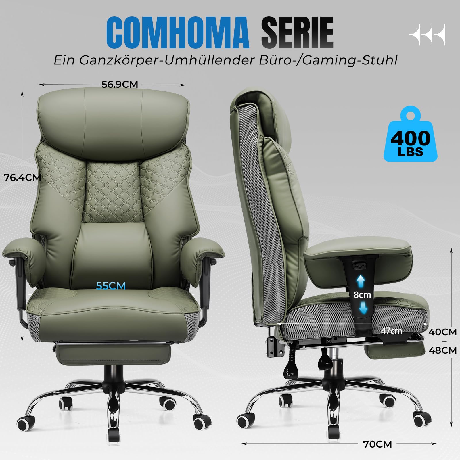 COMHOMA Gaming Stuhl für Große und Schwere Personen, ergonomischer Bürostuhl bis 180 kg, 3D Sitzkissen, verstellbar mit Fußstütze, PU-Leder, hoher Komfort für Büro & Gaming Grün