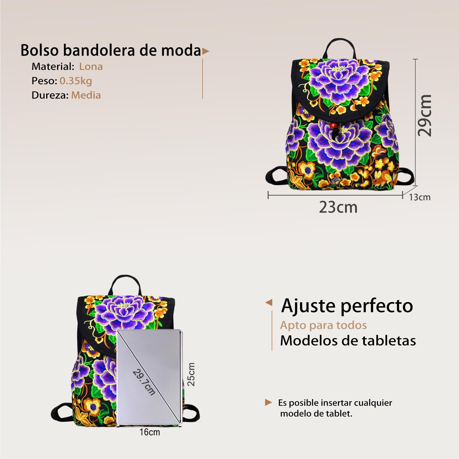 CORIOS Mochila para Mujer Bolso Mochilas con Bordado Étnico Bohemia Morral Backpack Mochilas con Cierre de Cordón Bolso de Mano de Hombro de Lona Retro Daypack Bolsas de Escuela Peonía Morada L