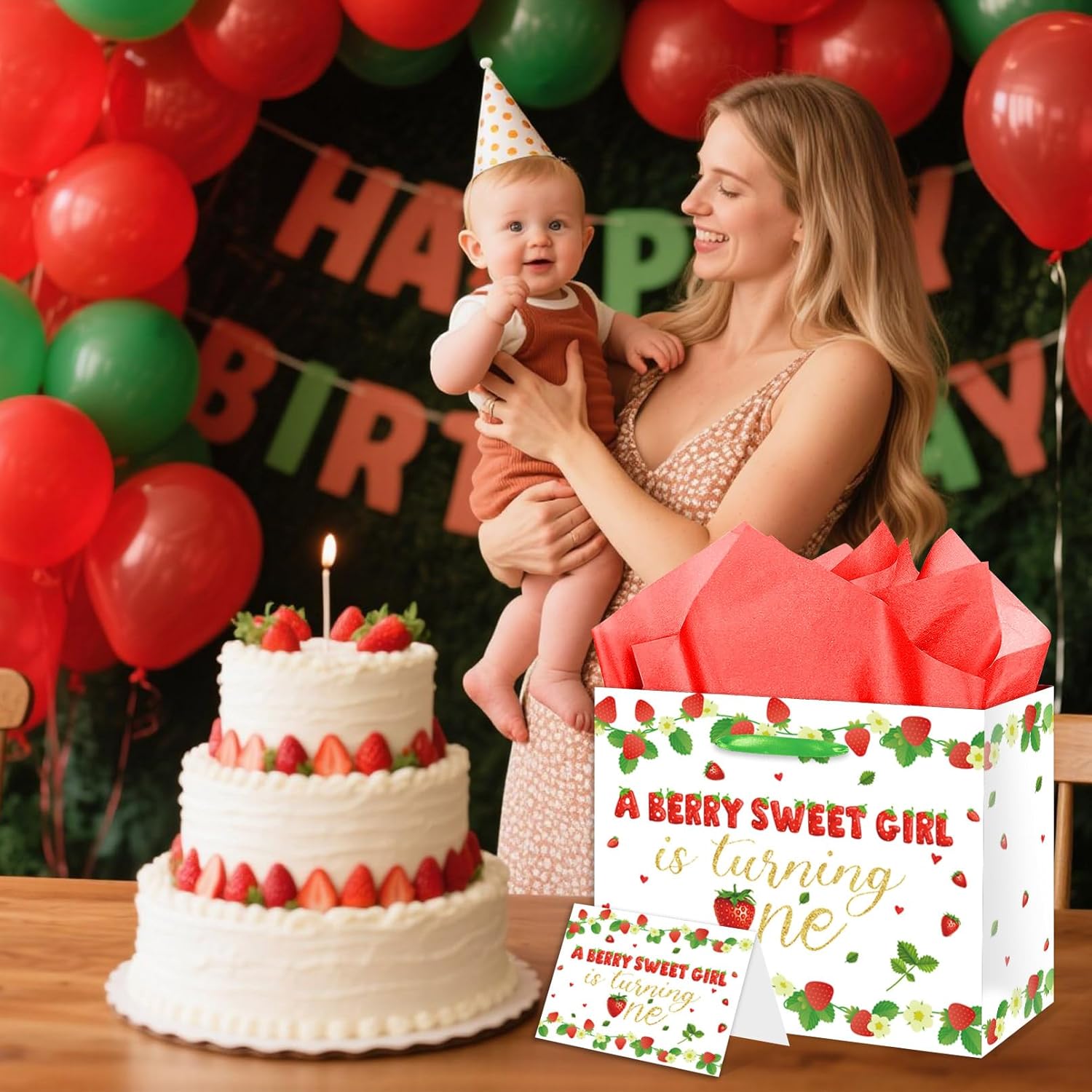 EIGHTSTATES Large Strawberry 1st Birthday Gift Bag Set, Berry Sweet Girl Turning One Party Supplies with Greeting Card & Tissue Paper, Baby Girls Gift wrapping paper for Baby Shower Decorations - Image 5
