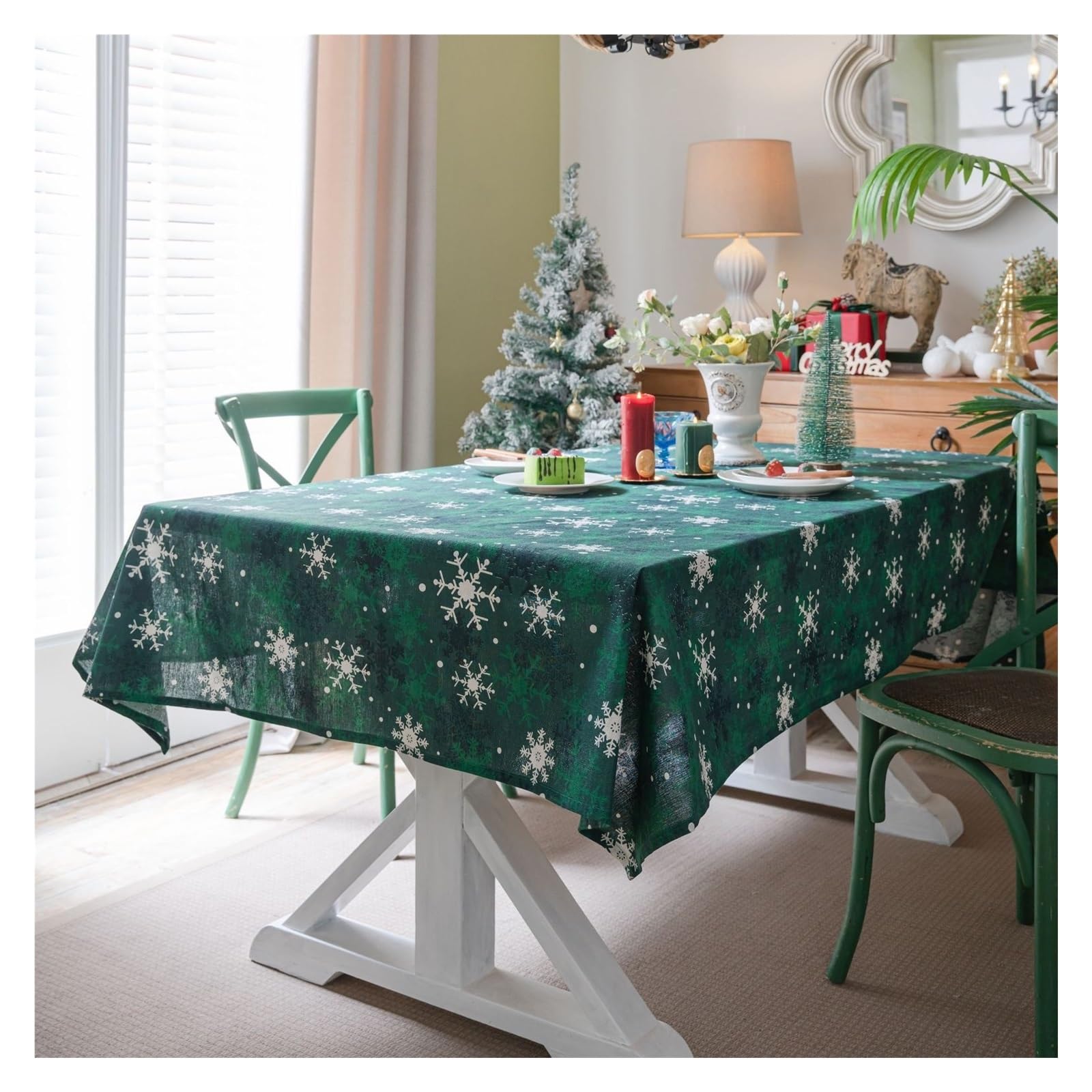 HYFEUOKF Green Snowflake Print Christmas Tablecloth Rectangular