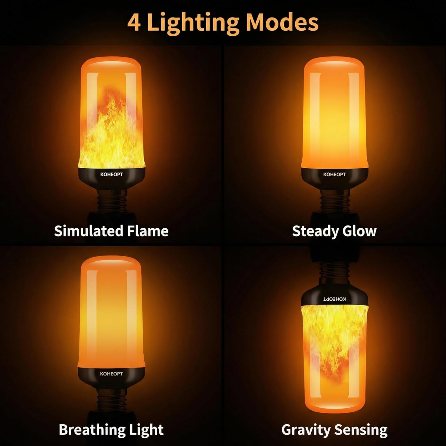 Upgraded LED Flame Light Bulbs, 4 Modes Flickering Light Bulbs with Upside Down Effect, E26 Flame Bulb for Halloween Christmas Party Patio Porch Home Indoor & Outdoor Decorations 2-Pack