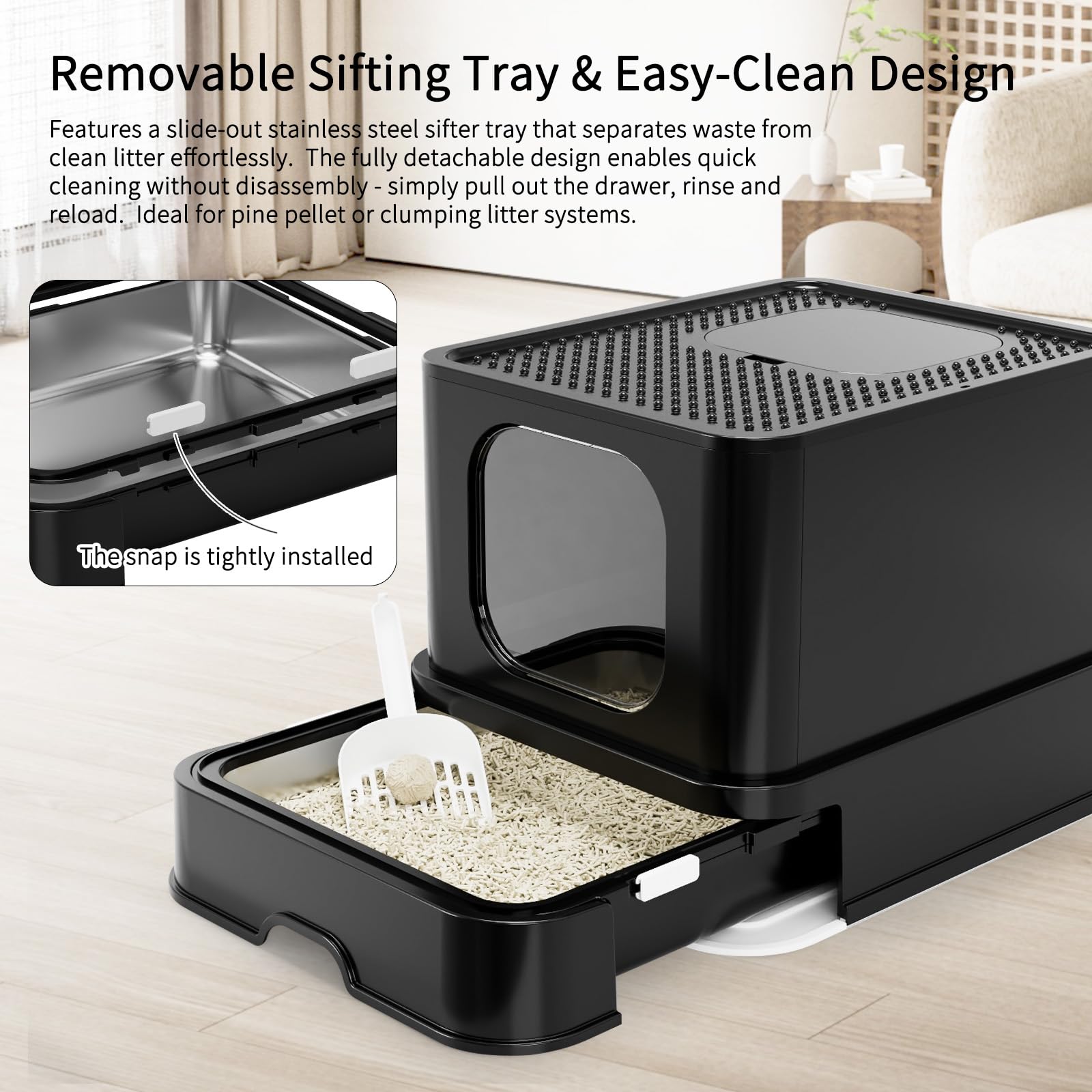 RIZZARI Stainless Steel Cat Box: Spacious Black Enclosed Top-Entry - Teflon Coated Pan Resists Sticking - Reduces Tracking & Odor - Leakproof & Easy to Clean - Fits Large Cats in Living Room Garage - image 6