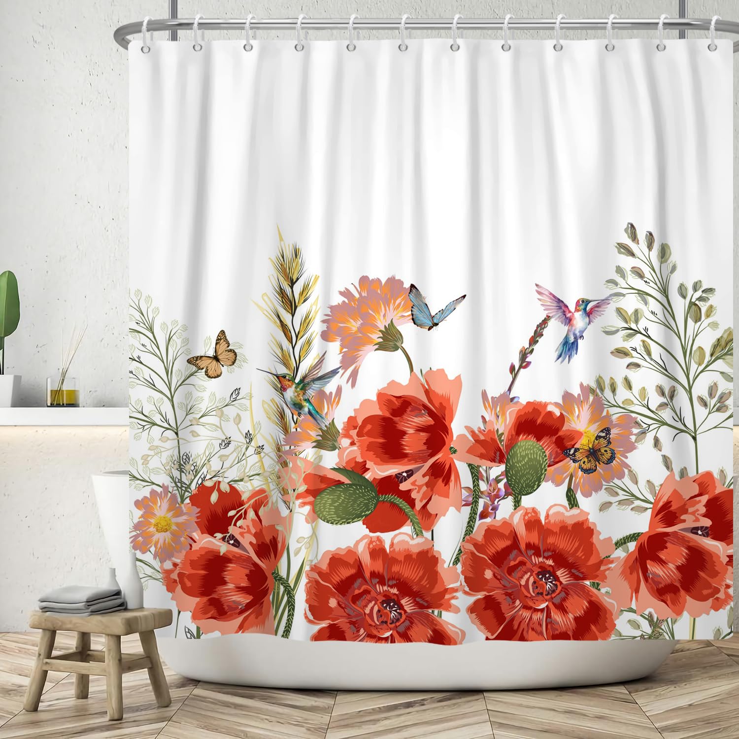 ASDCXZ Flower Shower Curtain 150x180 cm, Spring Red Flower Leaves Colorful Butterfly Bird White Bath Washable Shower Curtains Polyester Textile Waterproof Bath Curtain for Bathtub with 10 Hooks — image 1