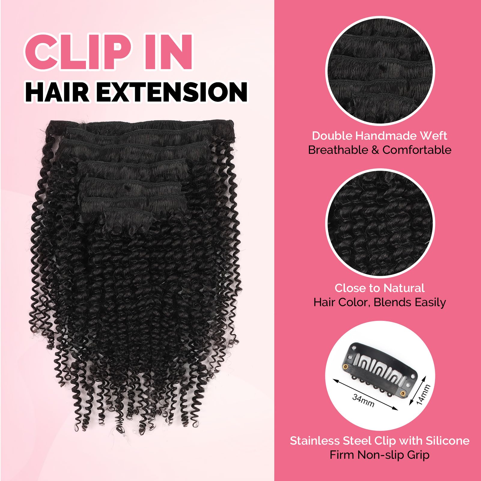 Yuniffe Kinky Curly Clip in Hair Extensions for Black Women Real Human Hair Extensions Clip ins Kinky Curly Natural Black Double Weft Remy Hair Extensions Kinky Clip ins 10 Inch 7Pcs 120g - Image 3