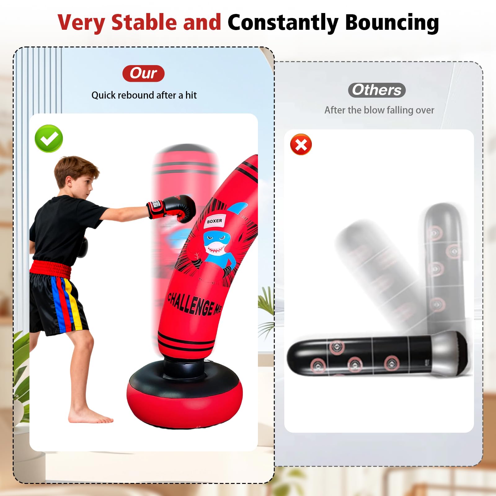 Saco de boxeo inflable, 47.24 pulgadas, saco de boxeo antiestrés, para niños y niñas, saco de boxeo independiente para entrenamiento tailandés, talla S para