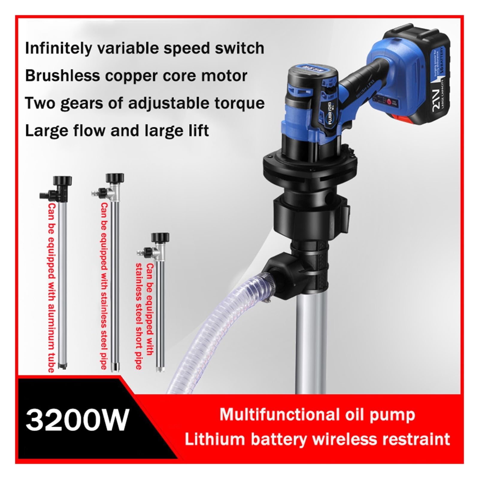 Pompa di trasferimento carburante 21 V, pompa a barile inserita con batteria al litio portatile, erogatore olio elettrica a cherosene da 3200 W Agricolo,Commerciale(Set meal 6)