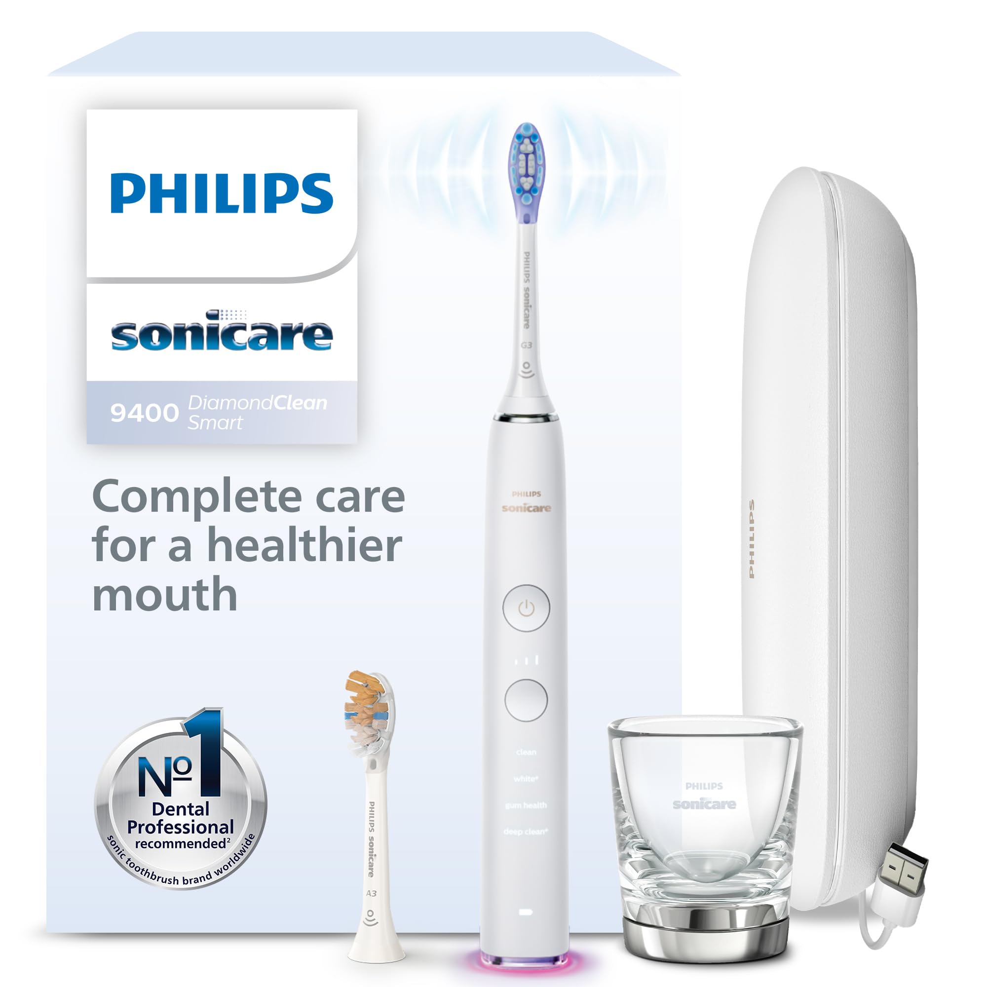 Philips Sonicare DiamondClean Smart 9400 Electric Toothbrush, Sonic Toothbrush with App, Pressure Sensor, Brush Head Detection, 4 Brushing Modes and 3 Intensity Levels, White, Model HX9917/88