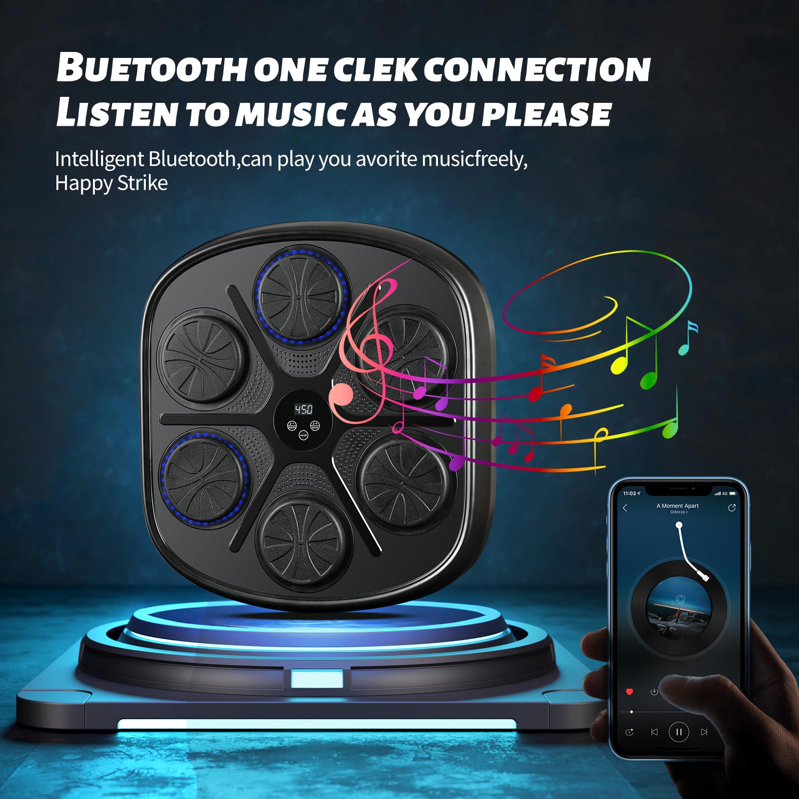 Machine de Boxe Musicale LED Boxsack Mural avec Bluetooth, 9 Modes de Vitesse, Mode Compteur, Entraînement d'Agilité