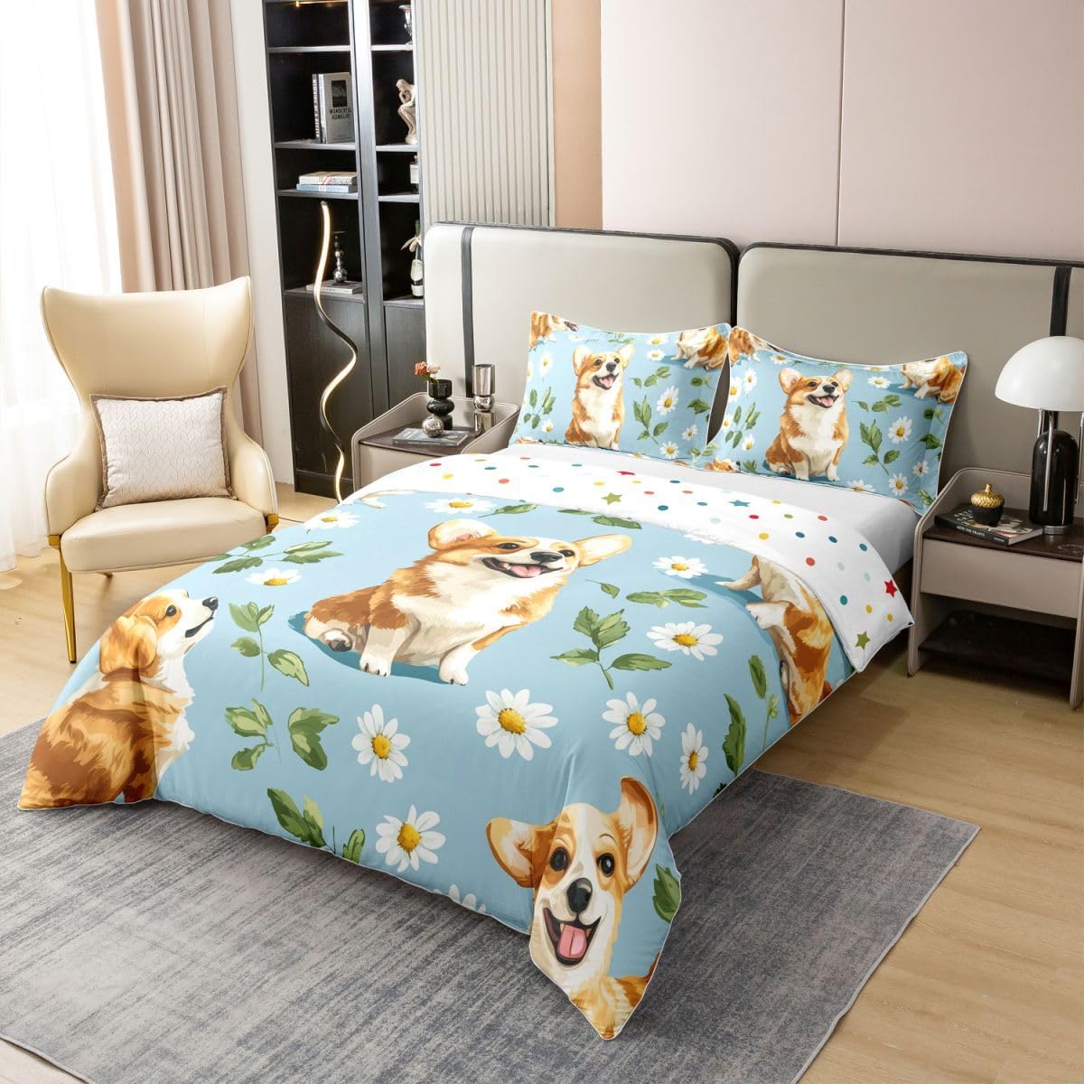 Erosebridal Corgi 100% Cotton Duvet Cover Queen Size Daisy Bedding Set for Kids Boys Girls Oil Painting Cute Pet Dogs Pattern Comforter Cover Leaves Flower Kawaii Animals Bedclothes