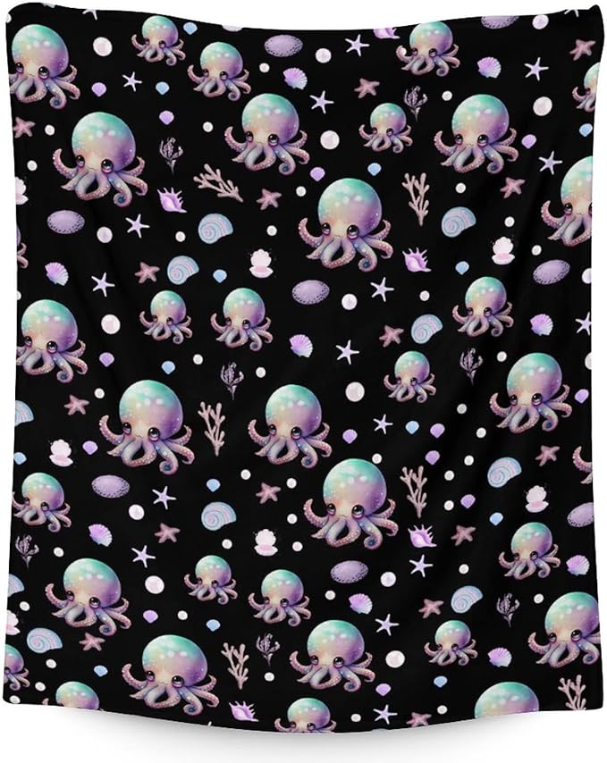 Mercuryelf Octopus Throw Blanket - Soft, Fuzzy & Warm - 50x60 Inches Flannel Blankets for Living Room, Sofa - Black Cute Throws Gift for Teens
