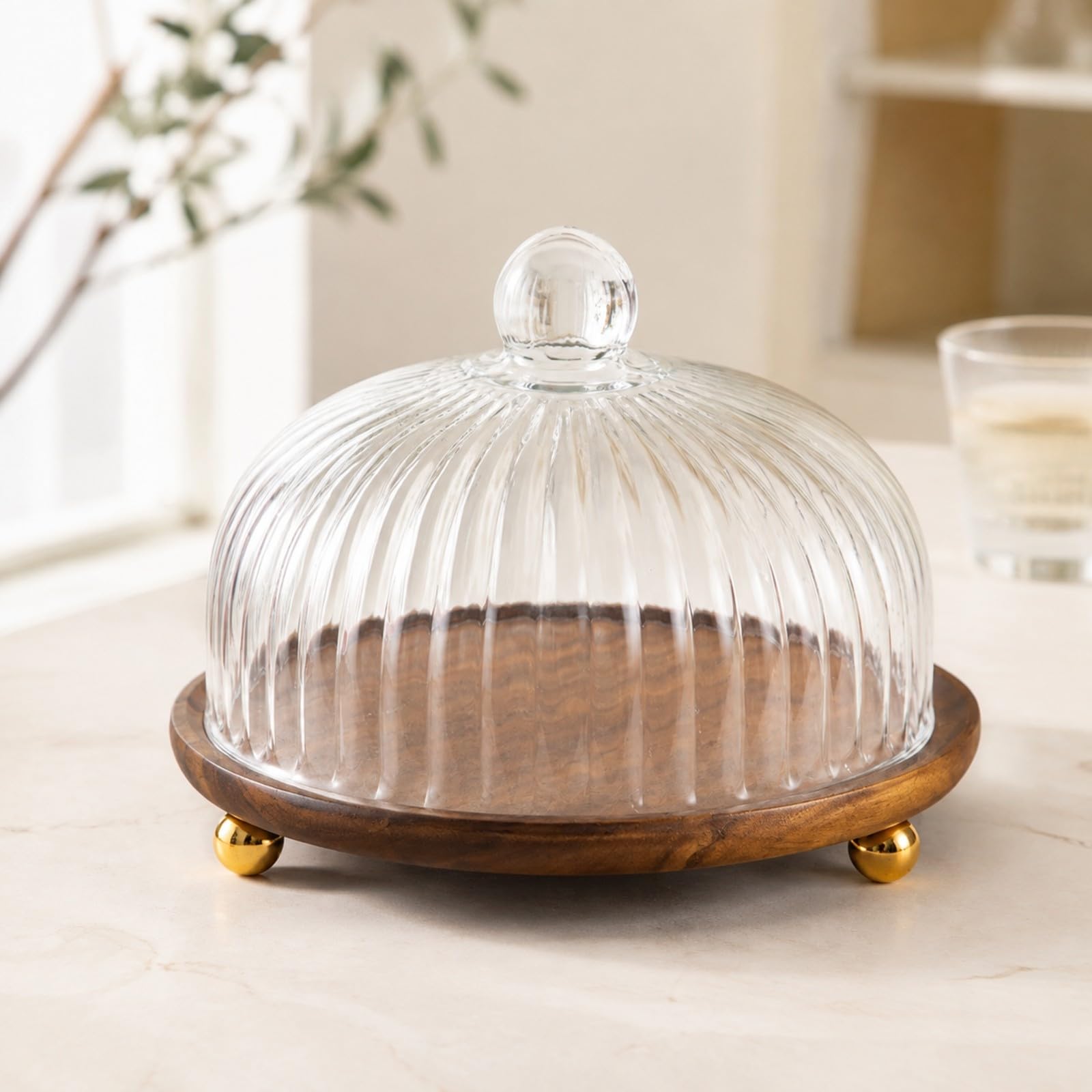Gralara Cloche à Gâteau Polyvalent Plateau Présentation Rond en Bois D'acacia Cloche Élégant Présentoir à Gâteaux Cvercle, L