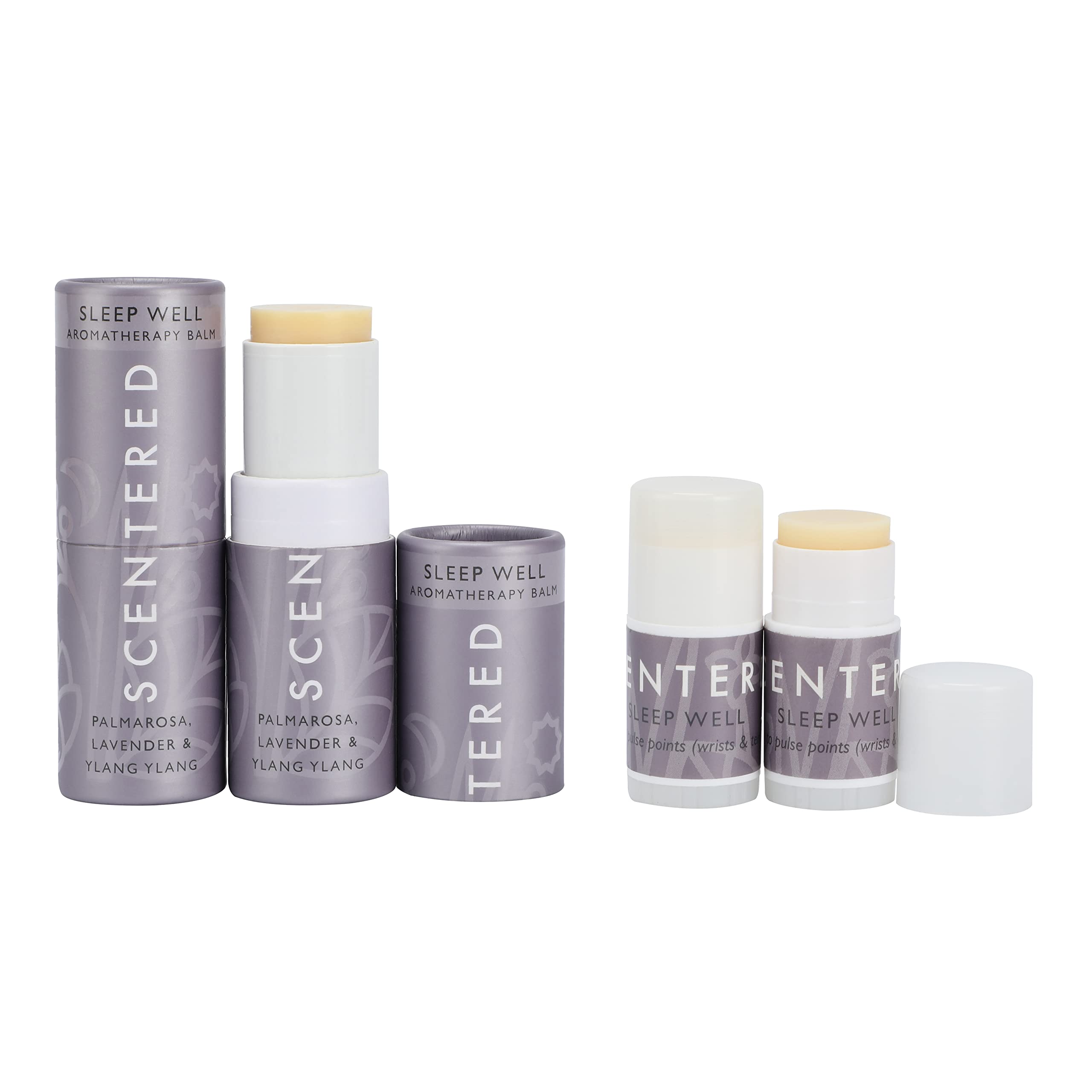Scentered Sleep Well - Paquete protector de bálsamo de aromaterapia, 2 bálsamos de 5 g y 2 mini bálsamos de viaje para un sueño reparador, aceites esenciales de lavanda, clavo, rosa, manzanilla, ylang