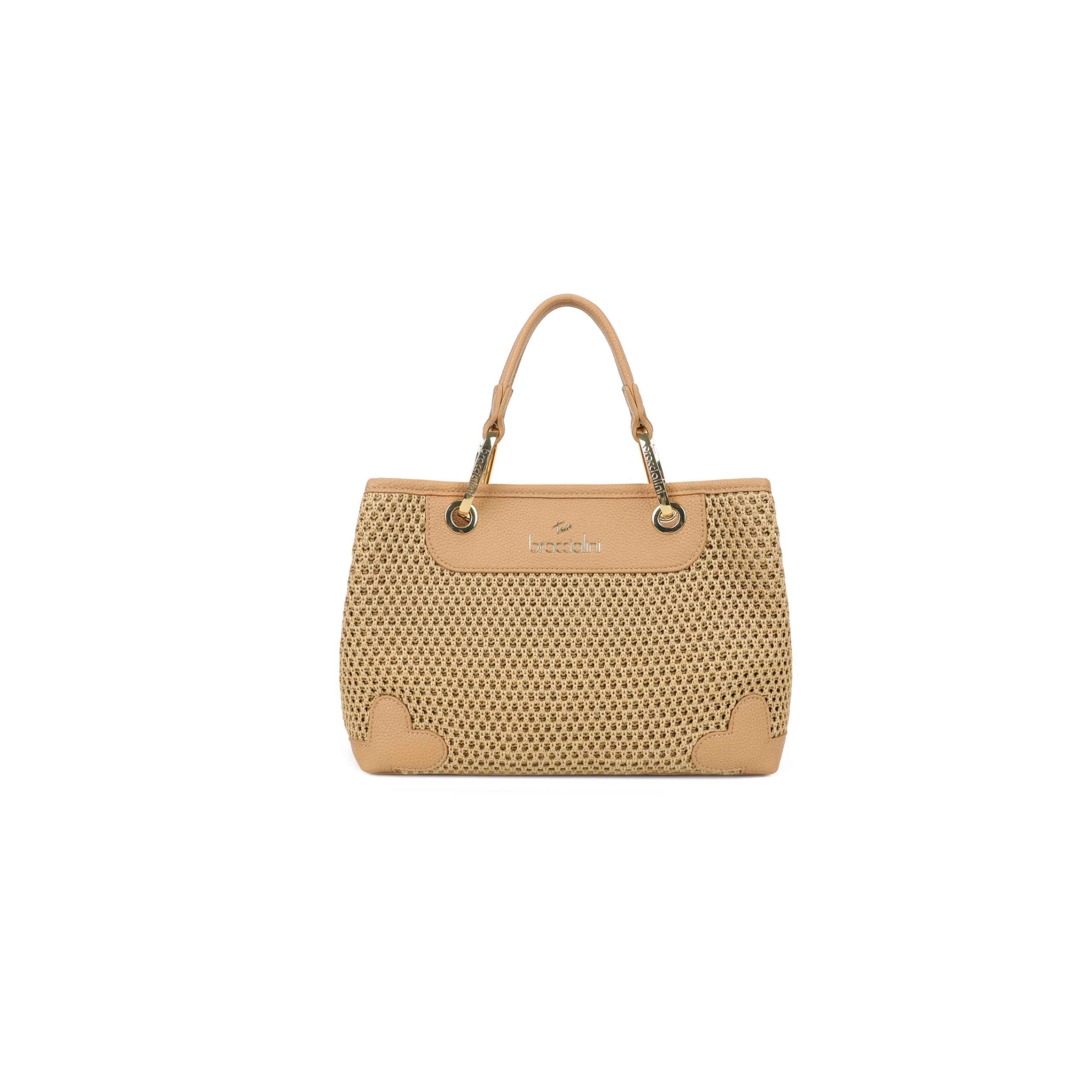 Braccialini Bolso de mano Beth Tricot de tamaño mediano en tejido de tricot efecto paja en color galleta, con asas dobles y detalles de piel sintética. La correa de hombro desmontable y ajustable