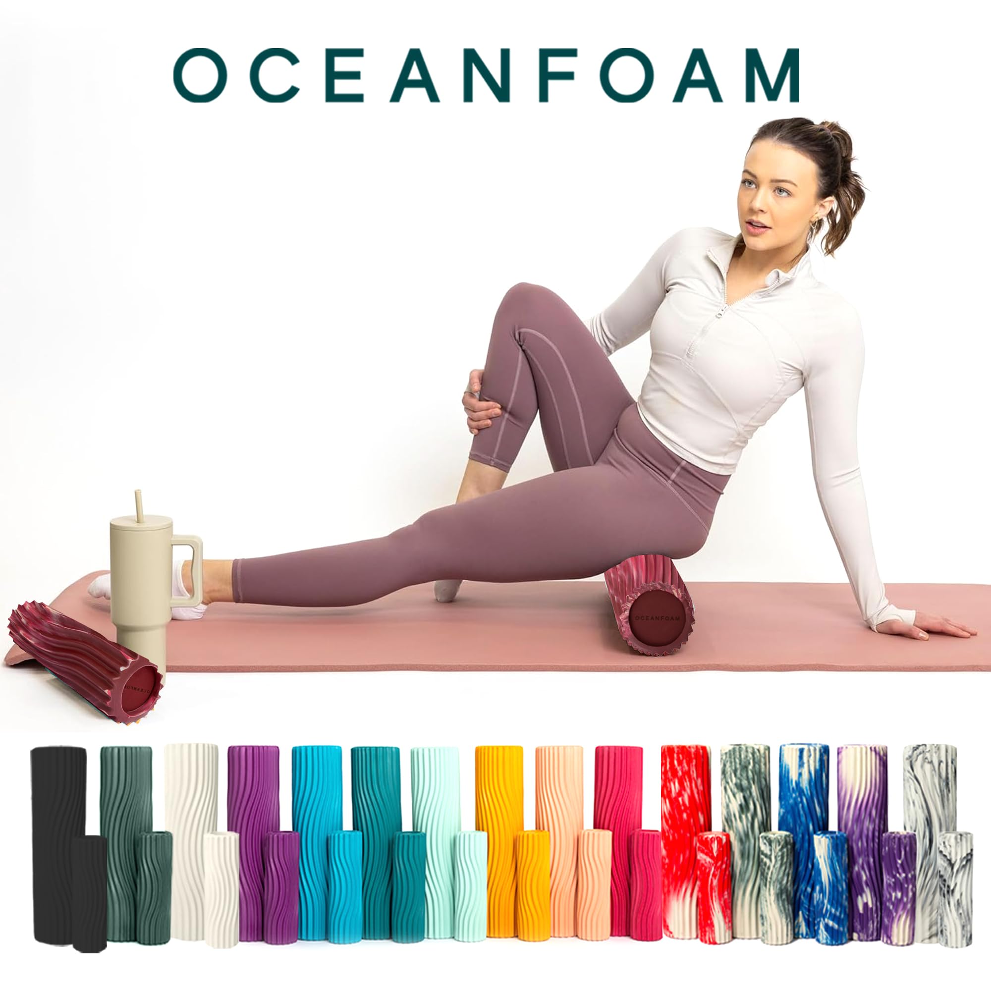 Oceanfoam Ripple Roller - Rodillo de espuma de masaje muscular para dolor de espalda y estiramiento, textura ondulada ergonómica, yoga, atletismo y bienestar, compacto, 11 x 3.35 pulgadas, granate,