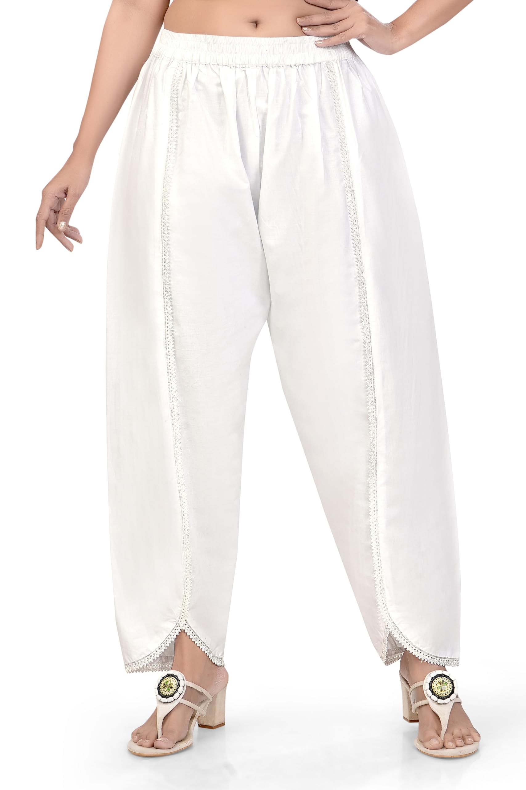 Women's Cotton Palazzo Pants with Lace Detail, Elastic Waist, White and Black-picture-24