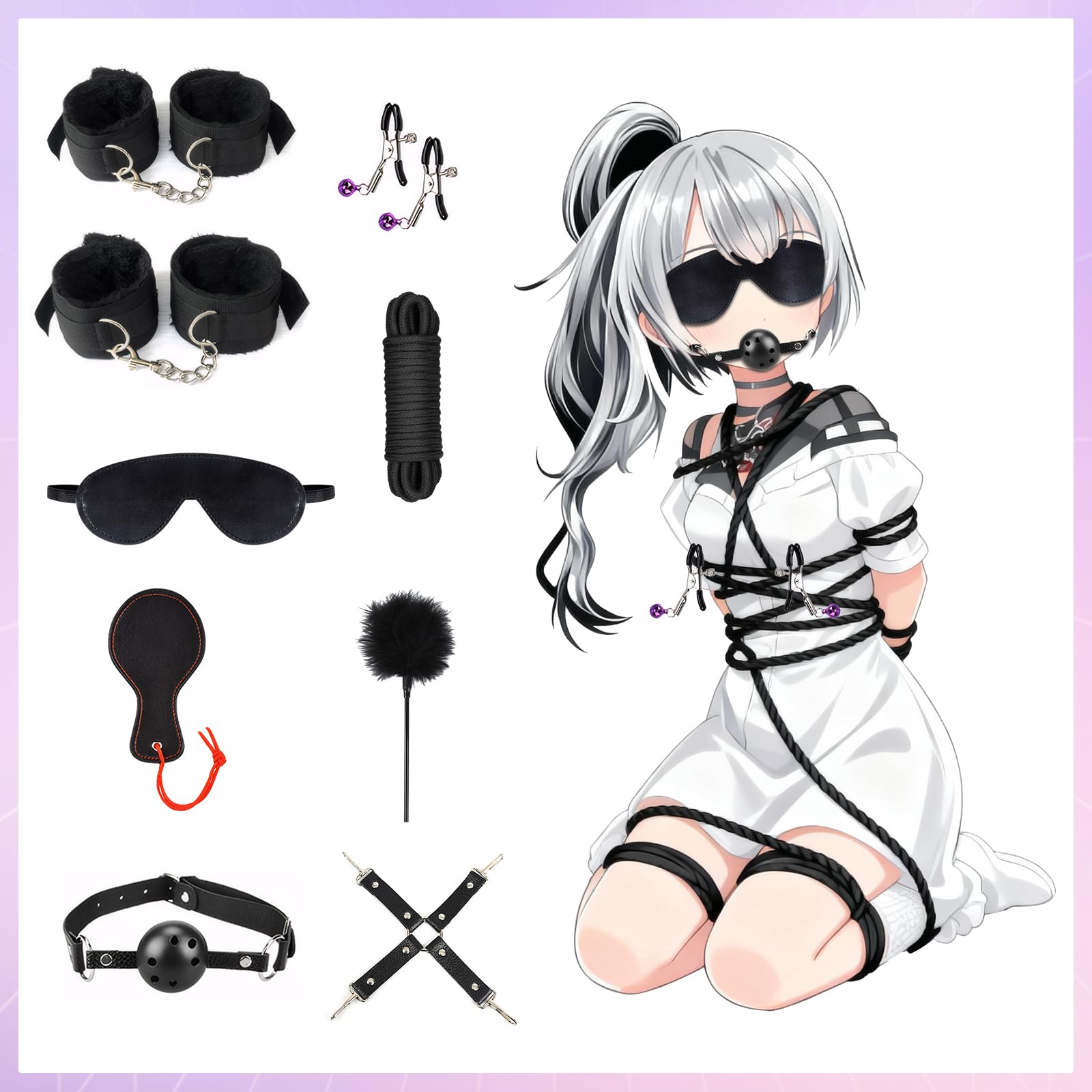 Kit BDSM Bondage 26 Pièces Qoosea pour Couples Menottes Réglables Entraves Cheville Collier avec Set de Plug Anal Pinces à Tétons Fouet Cache-yeux Boule Baillon Jouets Vibrants pour Jeu Sensuel Adulte