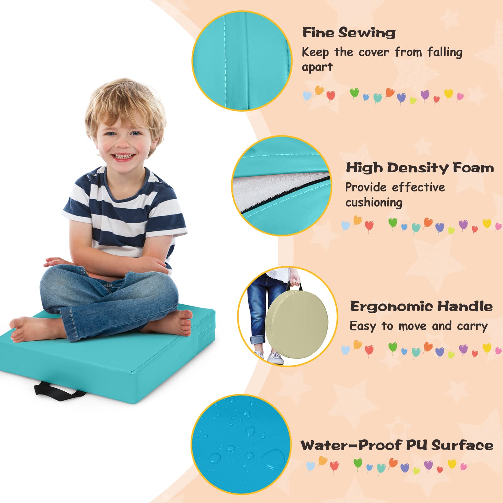 GOPLUS Juego de 6 cojines para silla infantil, cojín de suelo con asa, cojín de piel sintética y espuma, fácil de limpiar, redondos/rectangulares, apilables para un fácil almacenamiento, multicolor en