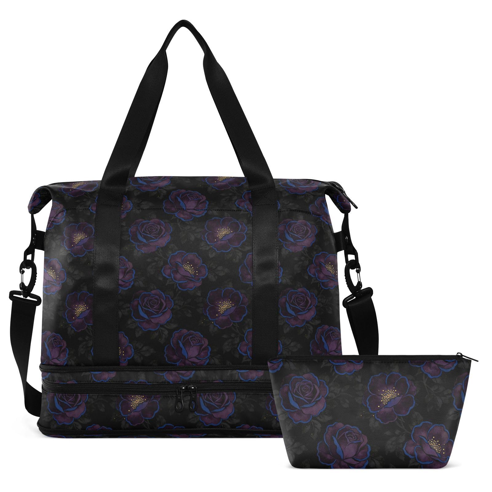 Borsone pieghevole con fiore viola scuro nero borsa da viaggio Weekender Gear Bag con borsa da toilette per escursionismo