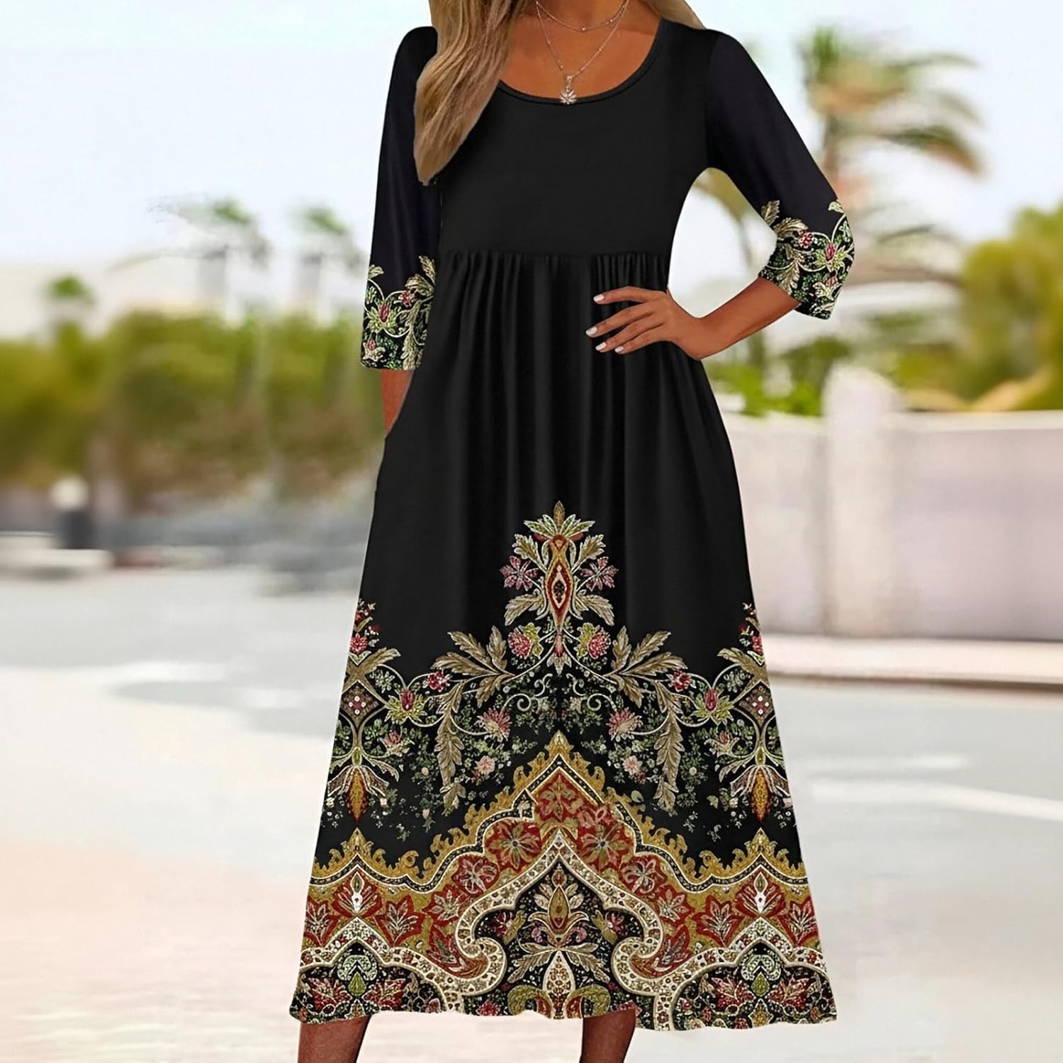 Women's Elegant Midi Dress Vacation-Inspired Floral Print Pocketed Round Neck Mid-Length Sleeve Dress