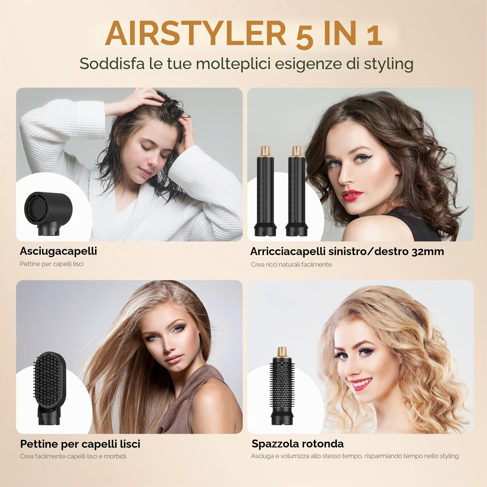 UKLISS Set Styler Per Capelli 5 IN 1 – Airstyler Air Curlers Asciugacapelli 5 IN 1 Con Asciugacapelli A Spazzola Rotonda, Spazzola Ad Aria Calda Per Arricciacapelli, Asciugatura, Volume, Ricci