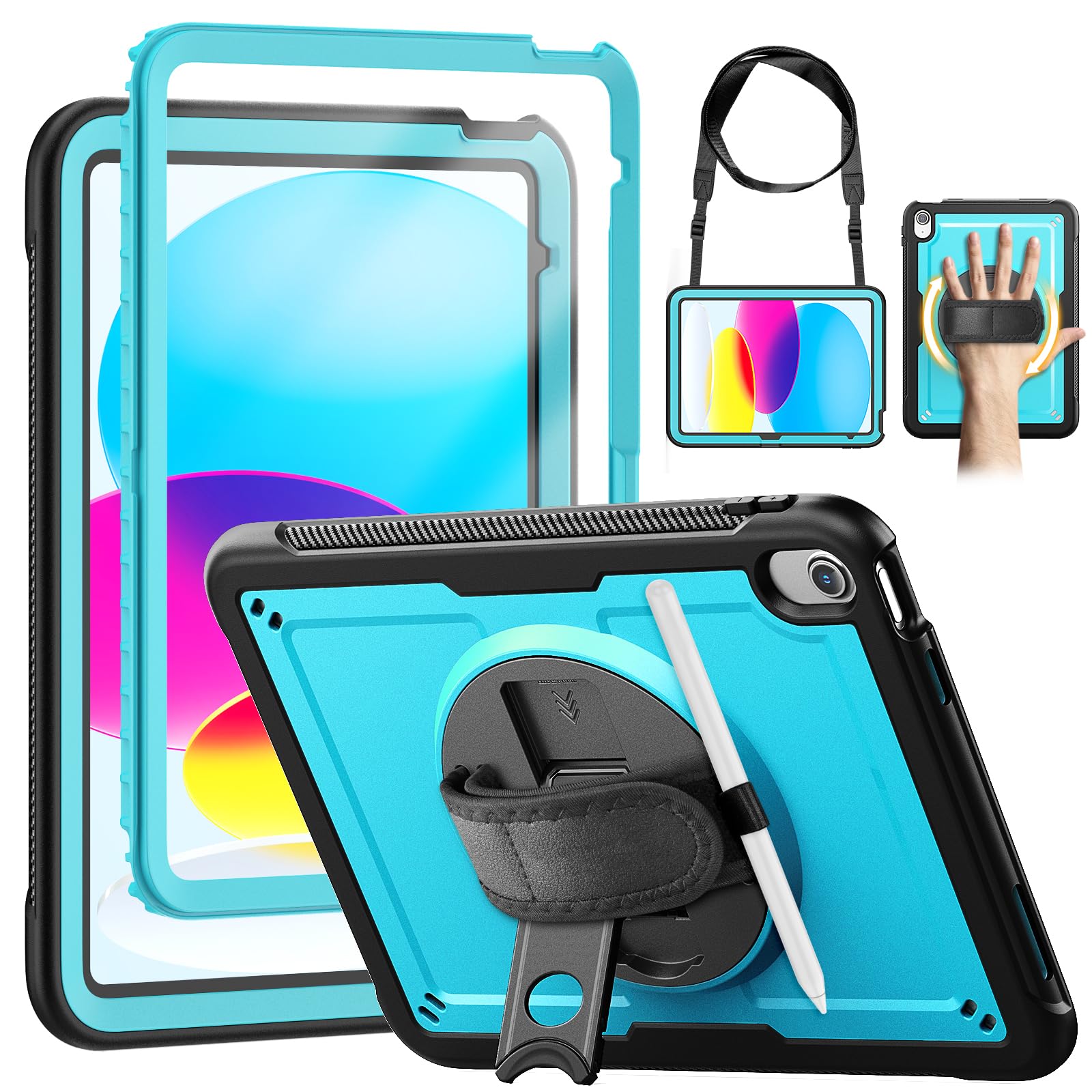 KAIJIAbox for iPad (A16) 11th/10th Generation Case 11''/10.9 Inch 2025/2022 | Full-Body Shockproof Protective Case with Screen Protector, 360° Rotating Stand, Hand & Shoulder Strap, Sky Blue