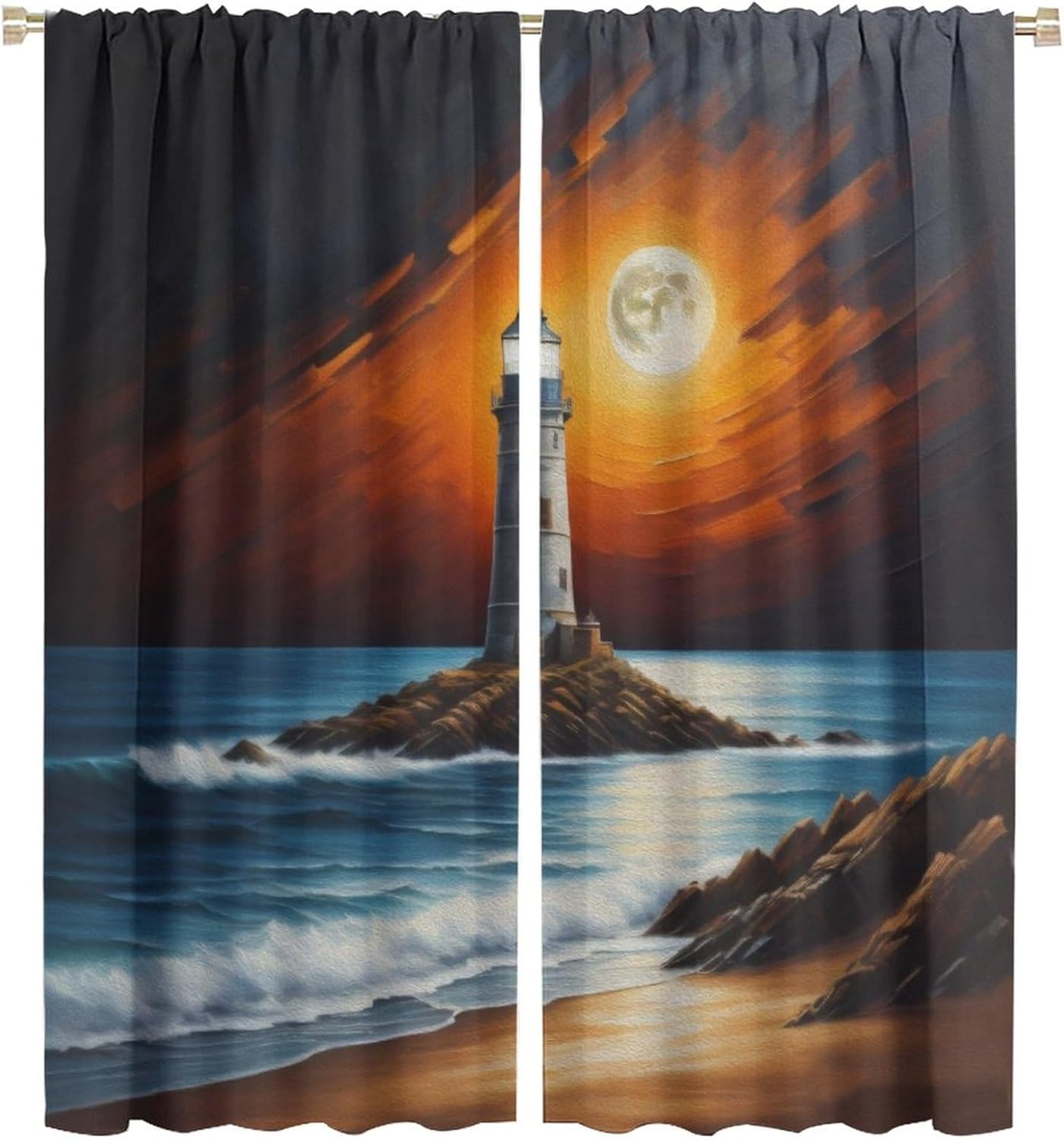 Lightinghouse Curtain Waves and Sunset Island Blackout Print Rod Pocket Window Drapes for Bedroom Living Room 42x45in