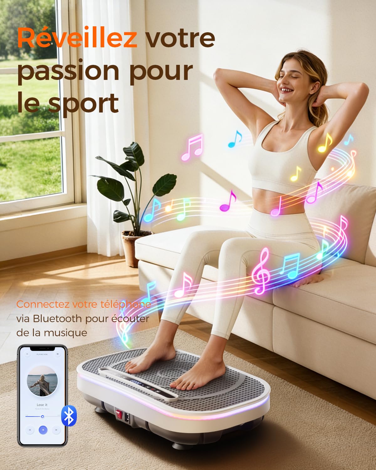 Plateforme Vibrante, Plaque Vibration Plate Fitness Équipement Sport Maison Entraînement Musculation, avec 4 Bandes de Résistance 120 Niveaux d'Intensité Haut Parleur Bluetooth