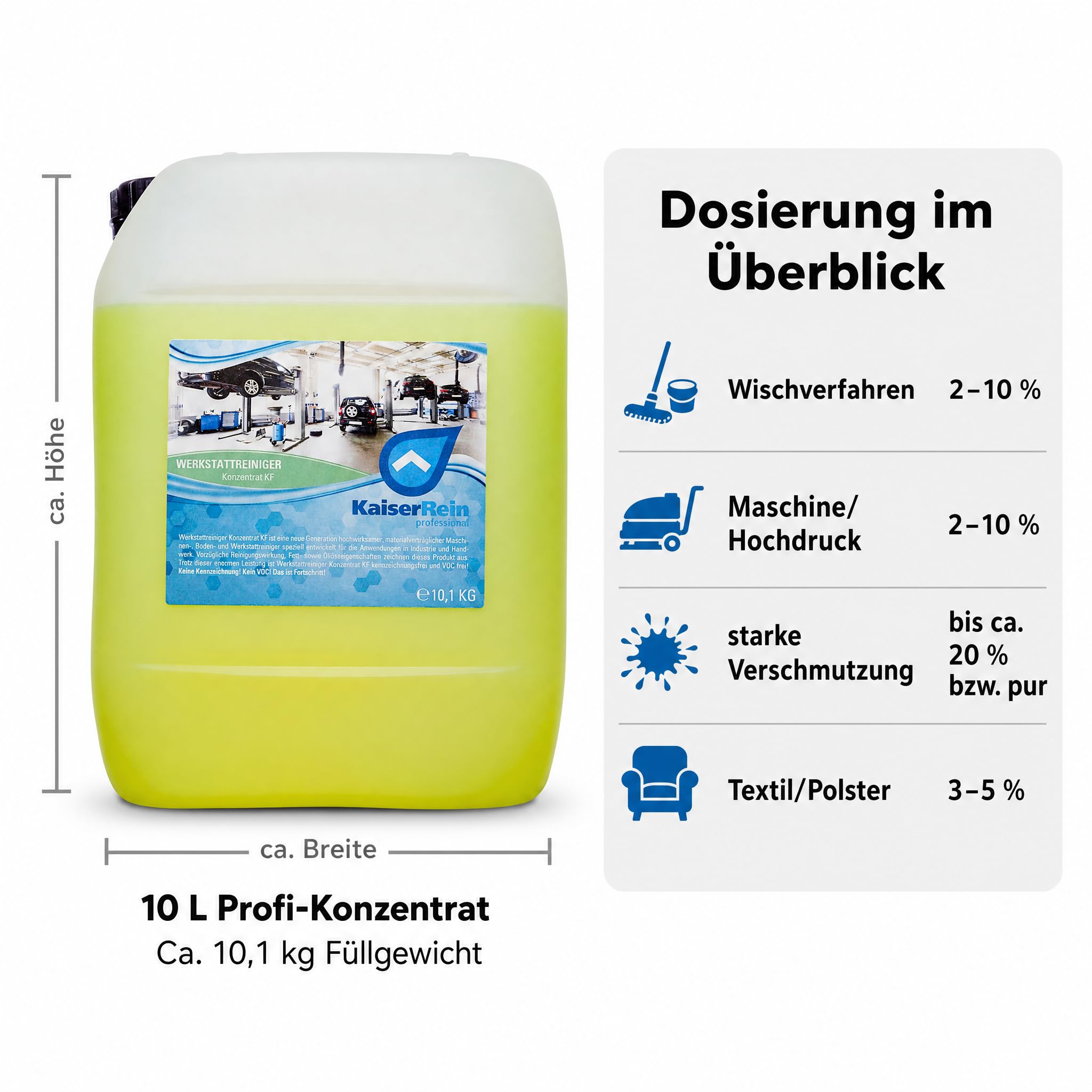 KaiserRein Werkstattreiniger Konzentrat 10 l, Industriereiniger für Boden, Maschinen und Fahrzeuge, universal einsetzbarer Maschinenreiniger/Kaltreiniger, kennzeichnungsfrei & VOC-frei Made in Germany