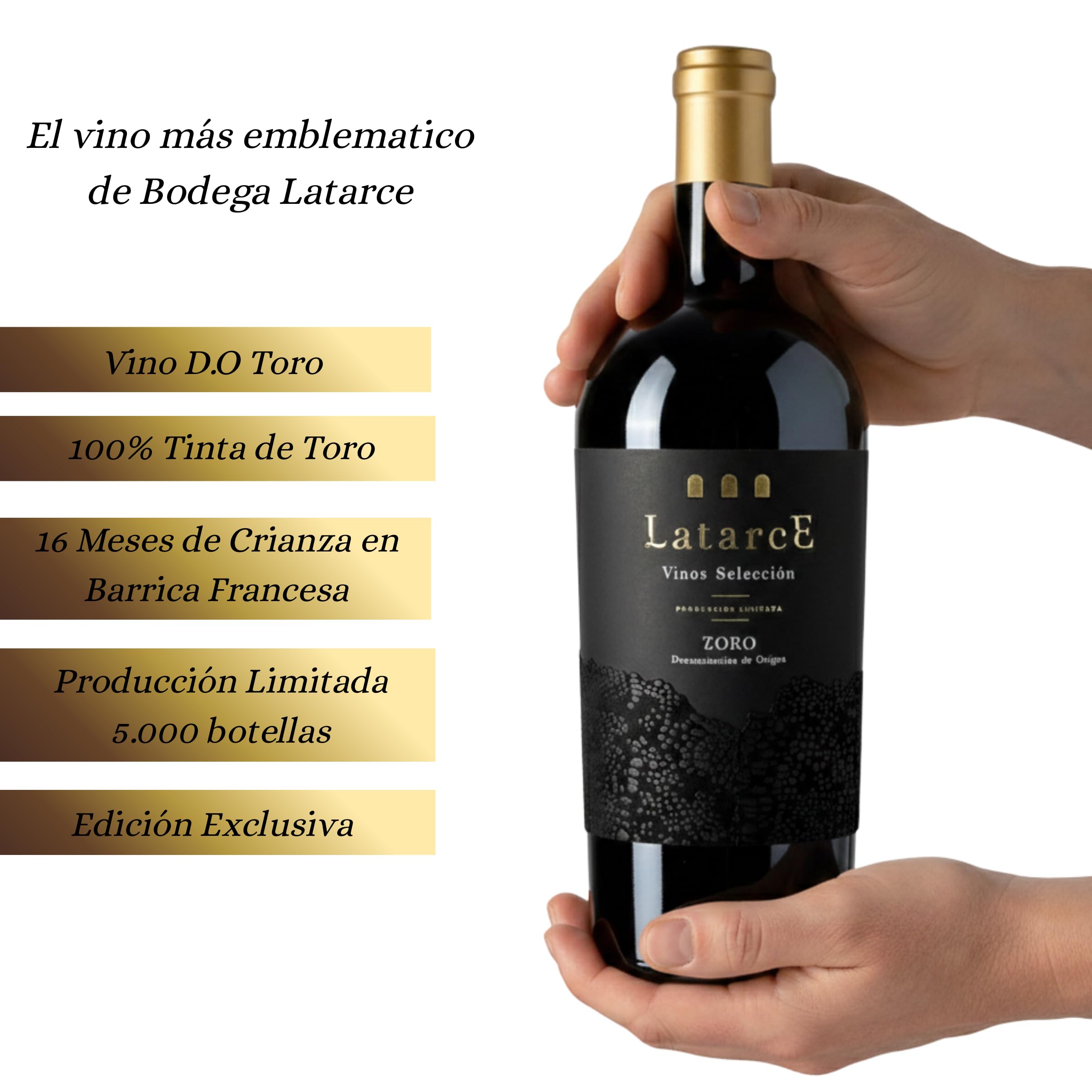 Latarce | Pack Regalo Gourmet Vino Tinto + Jamón Ibérico | Selección D.O. Toro 75cl + Ibérico Cebo Campo 50% 100gr | Caja Madera | Ideal para Regalar