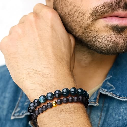 Miniatura 119 de Black Beaded Bracelets for Men Boys: 6mm Obsidian Onyx Lava Beads Mens Bracelet Set Mens Jewelry - Cool Anniversary Valentines Fathers Birthday