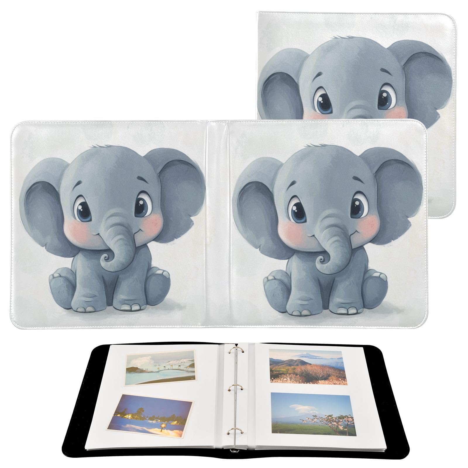 JIPONI A Cute Elephant Large Photo Album, DIY Leather Cover Scrapbook Albums for 4x6 5x7 6x8 Pictures, Self Adhesive Memory Book for Wedding, Baby, Family
