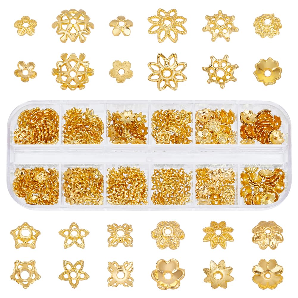 UNICRAFTALE 240Pcs 12 Styles Flower Bead End Caps Flower Filigree Bead Caps Golden Spacer Beads Caps Ends Metal Caps Loose Spacer Beads Bulk Earrings for Bracelet Jewelry Making