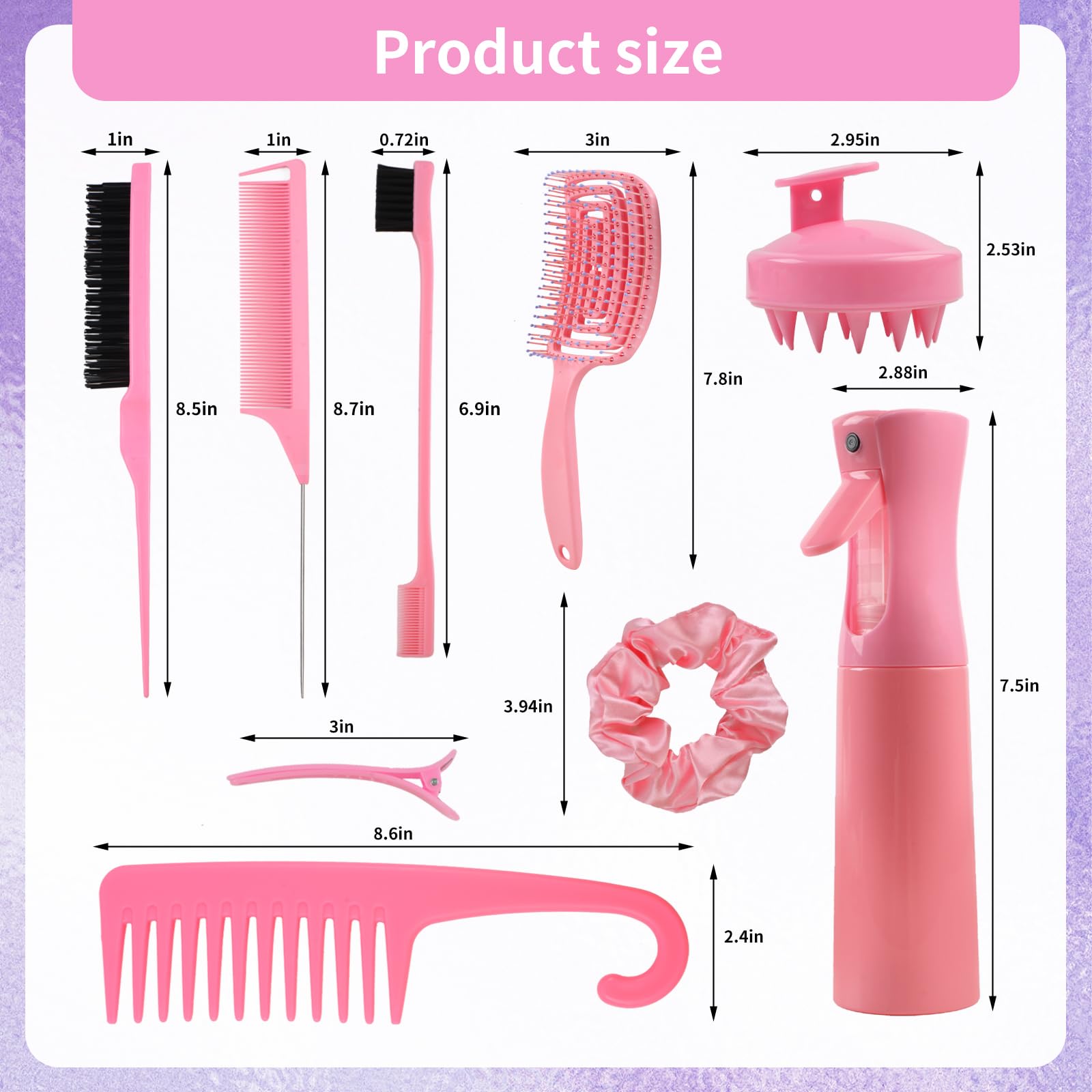 Fawyteng Hair Brush Set, 12 pcs Detangler Brush with Hair Spray Bottle, Scalp Massager for Wet Dry Curly Hair, Bristle Hair Brush Hair Comb for Women Girl (Pink, Purple)