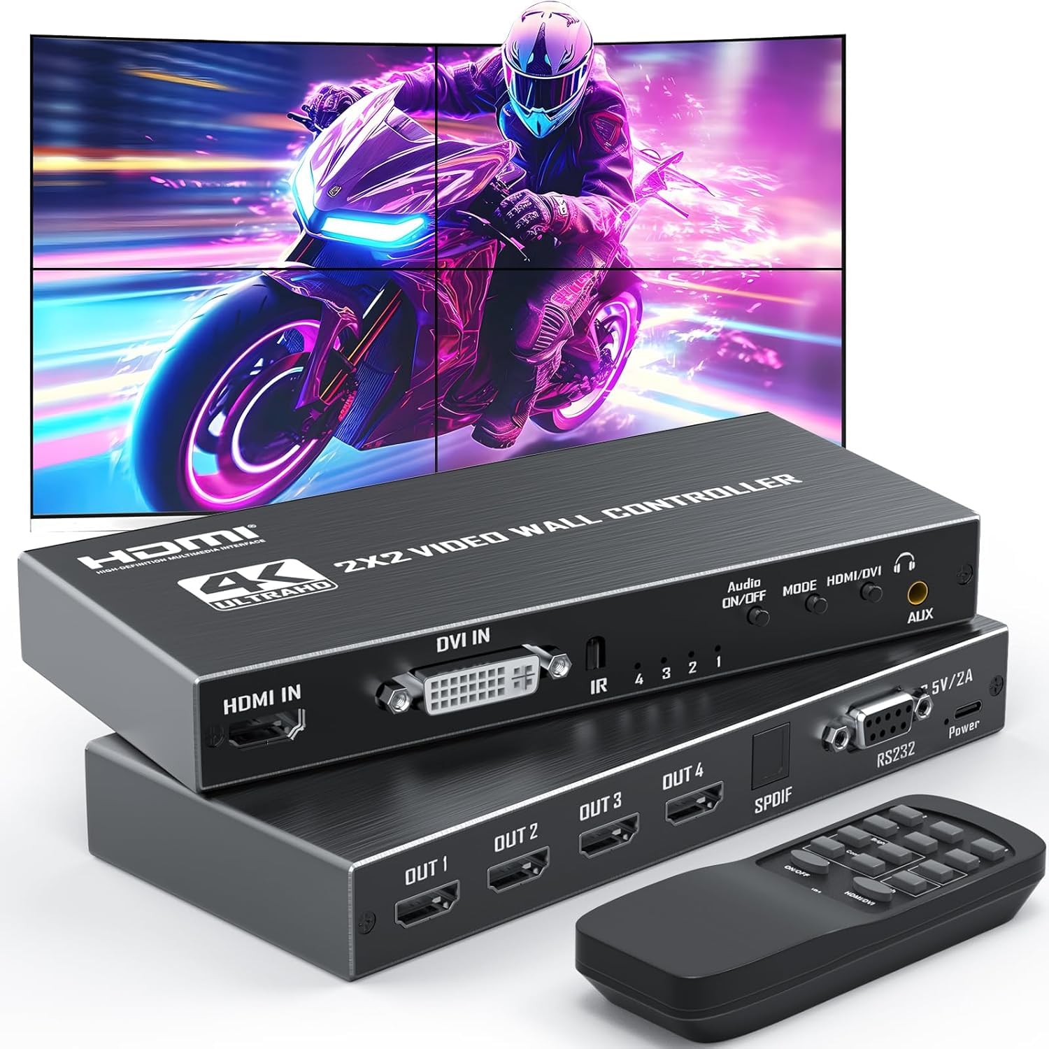 Video Controller da parete 4K 2X2 TV Processore da parete con HDMI+DVI+RS232 Supporto ingresso 180 ° Ruota 4 HDMI Supporto uscita Immagini Cucitura 1x2 1x3 1x4 4x1 ecc