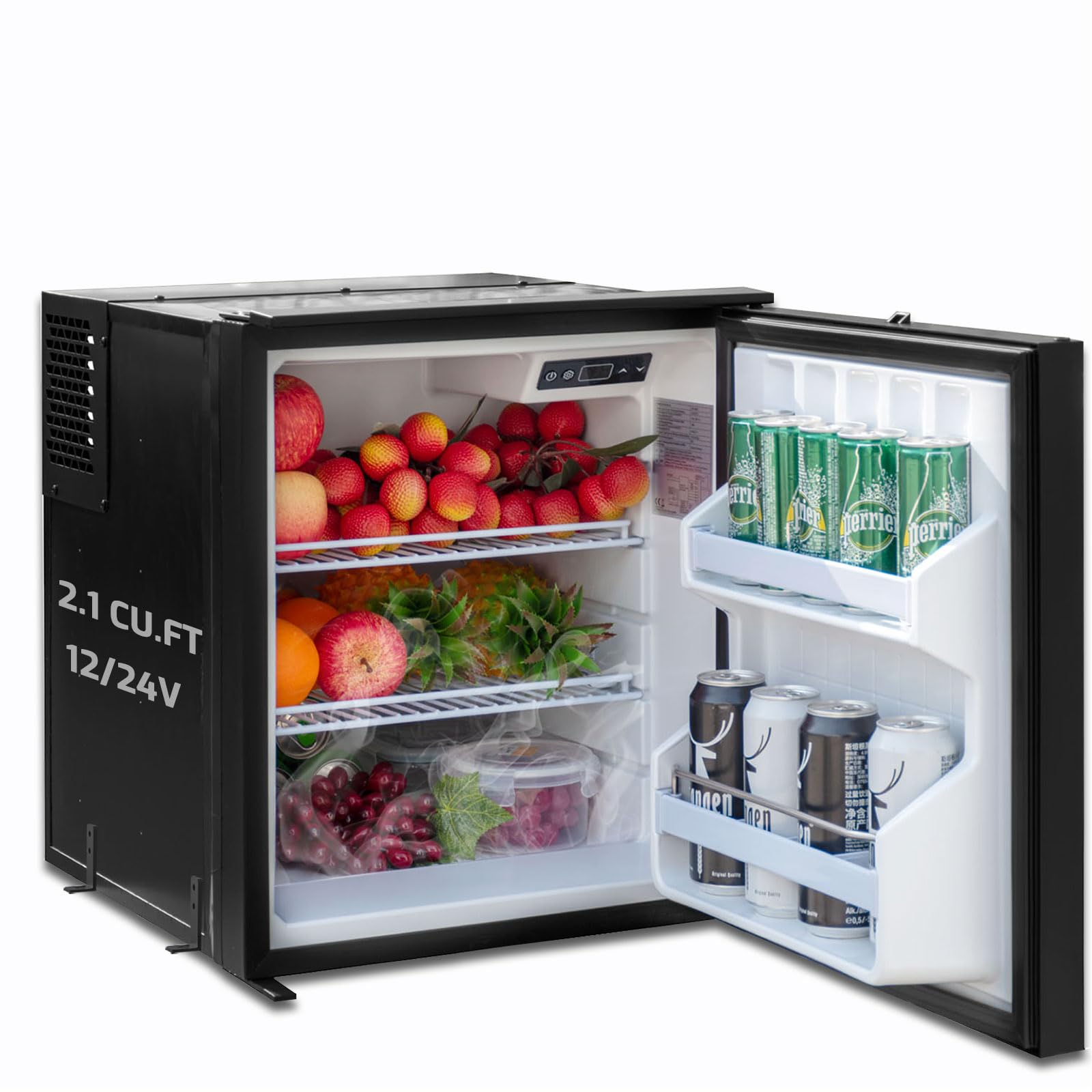 12V RV Refrigerator, 2.1 Cu.Ft RV Fridge, 12/24V Camper Refrigerators Semi Truck Fridges Compact for Camping, Travel, Motorhome and Campervan, Reversible Door, Adjustable Thermostat, Black