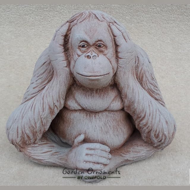 ONEFOLD - WISE MONKEY HEAR NO EVIL GARDEN ORNAMENT / HAND CAST STONE